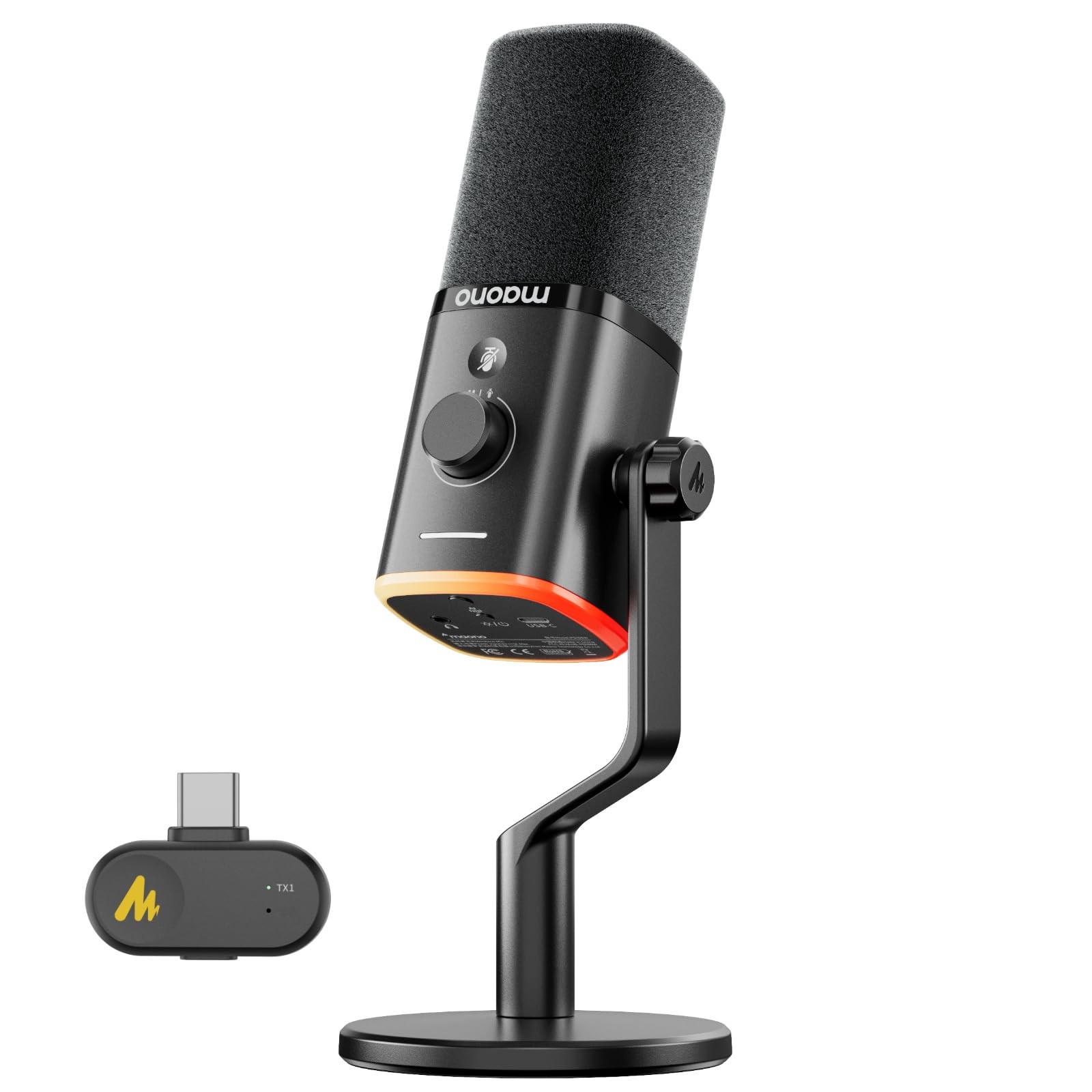 MAONO PD100W Wireless USB Dynamic Microphone, Gaming PC USB-C Receiver, Black