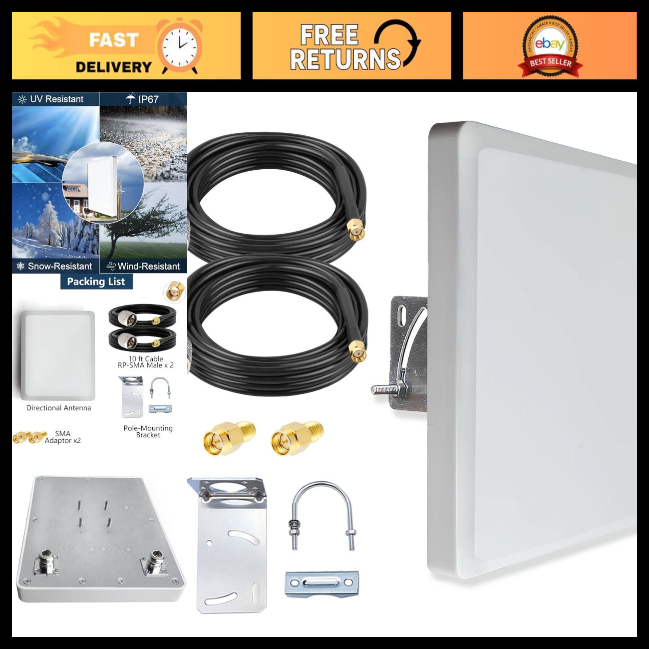 Dual Band Outdoor Directional Antenna 2.4G 5GHz 5.8G MIMO Pole Mount w/ 9.8ft Ca