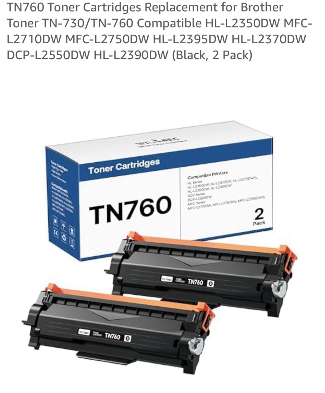 2 Pieces TN760 Toner Cartridges DCP-L2550DW, Color Black 