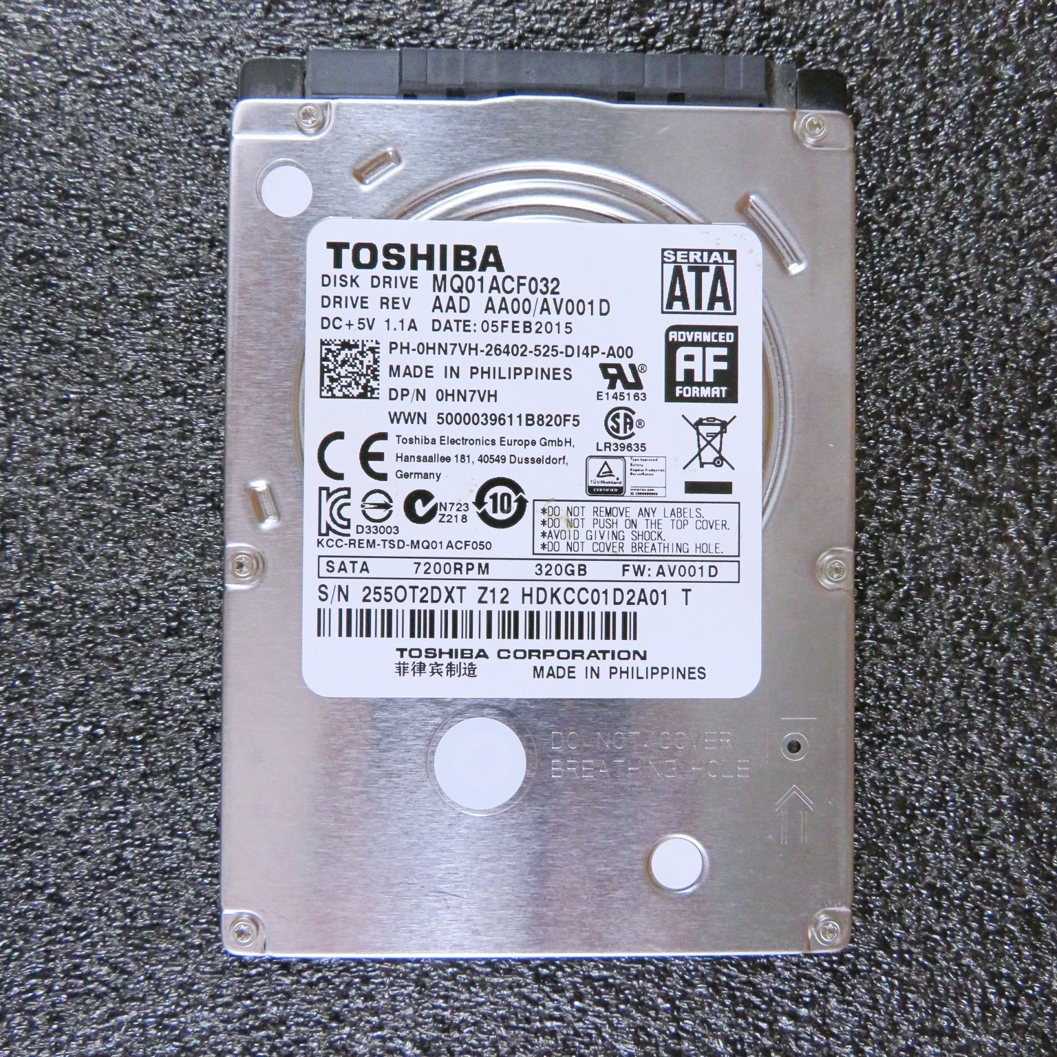 Toshiba 320 GB SATA III Hard Drive / 2.5" / 7200 RPM / 16 MB Cache...Rated Good