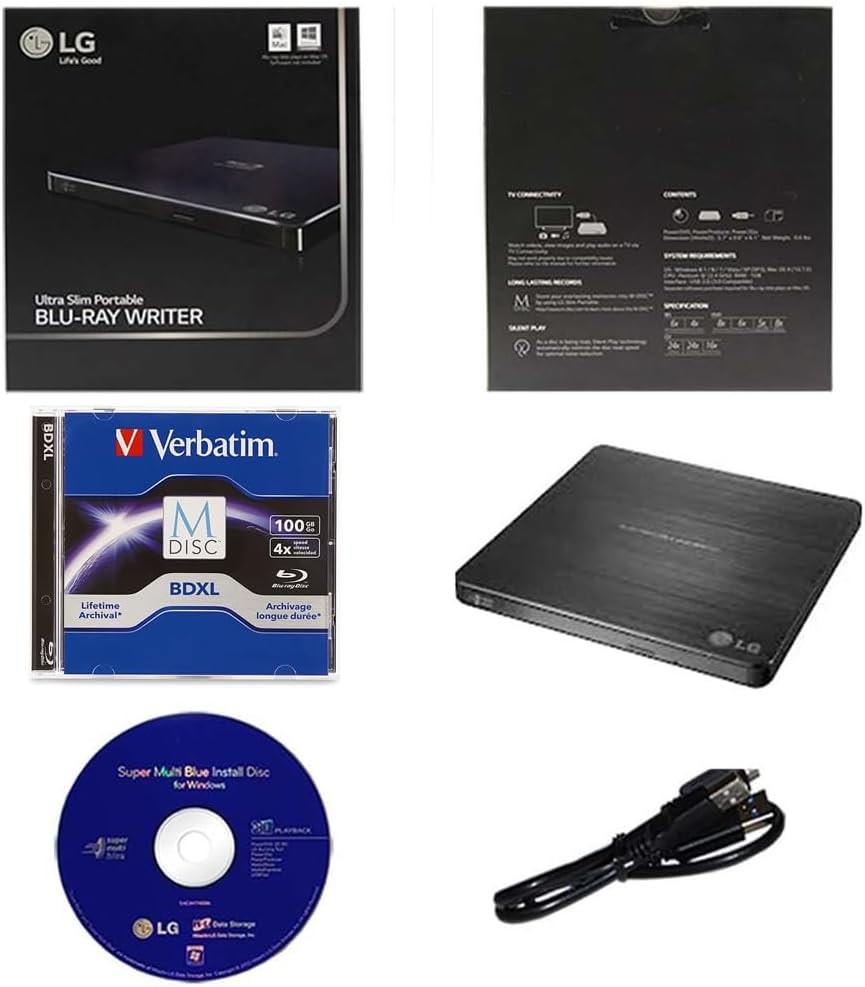 LG WP50NB40 External Blu-ray CD DVD Drive Burner+1pk BDXL($20 Value)+Sftware+USB