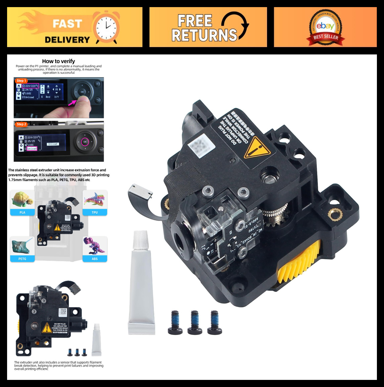 Stainless Steel Dual Gear Hotend Extruder Unit for 3D Printers - Increase Filame