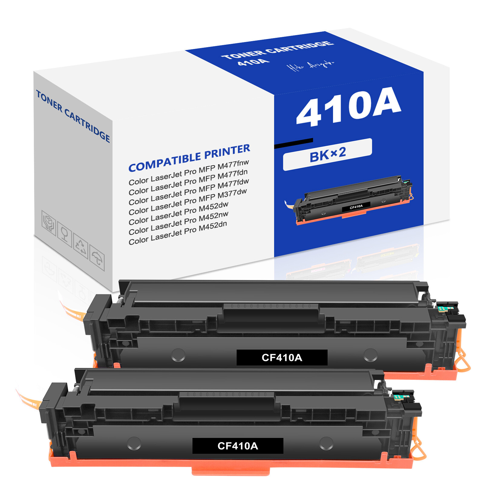 2-Pack CF410A Black Toner with Chip for HP 410A LaserJet Pro M452dn MFP M377dw