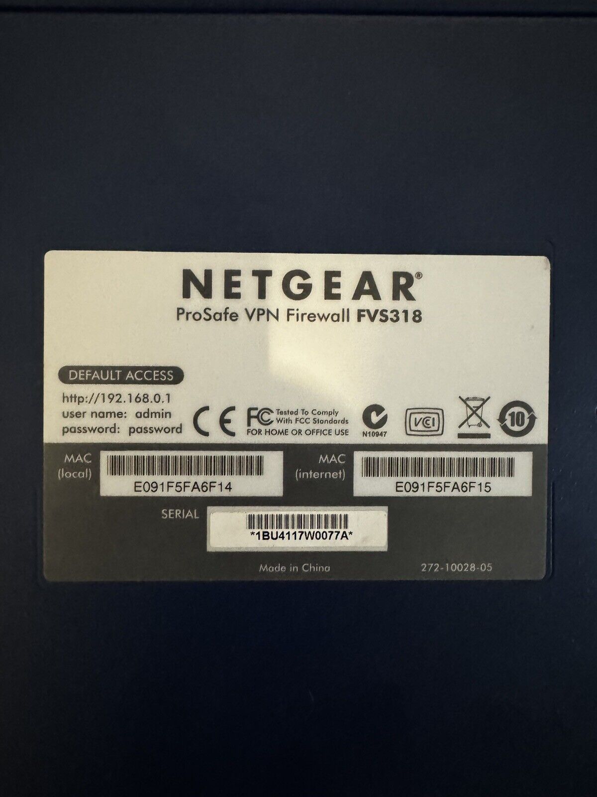 NetGear ProSafe VPN Firewall FVS318 model