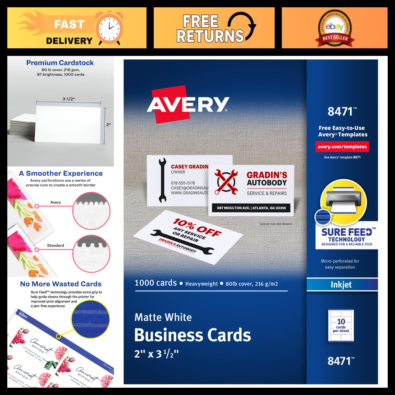 Printable Business Cards 2" x 3.5", White, 1000 Blank Cards, Inkjet Compatible,