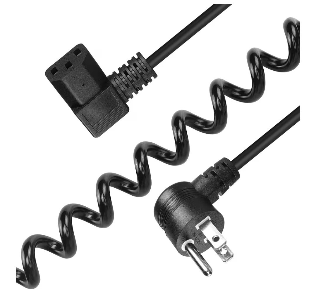 YACSEJAO 3-Prong Coiled Spiral Power Cord 18AWG NEMA 5-15P Down Angle to C13