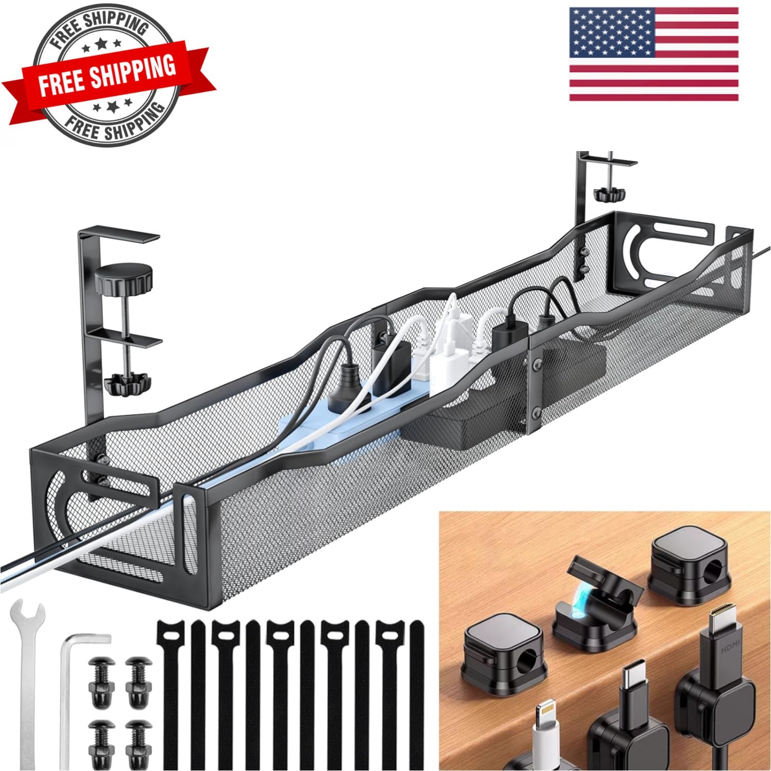 Cable Management Under Desk, 25.3'' No Drill Desk Cable Management Tray with ...