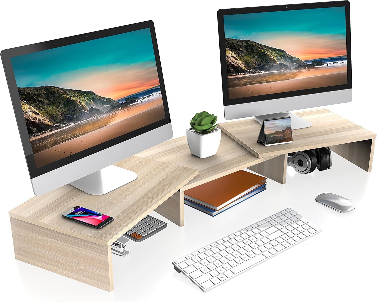 FITUEYES Dual Monitor Stand – 3 Shelf Computer Monitor Riser, Wood Desktop St...