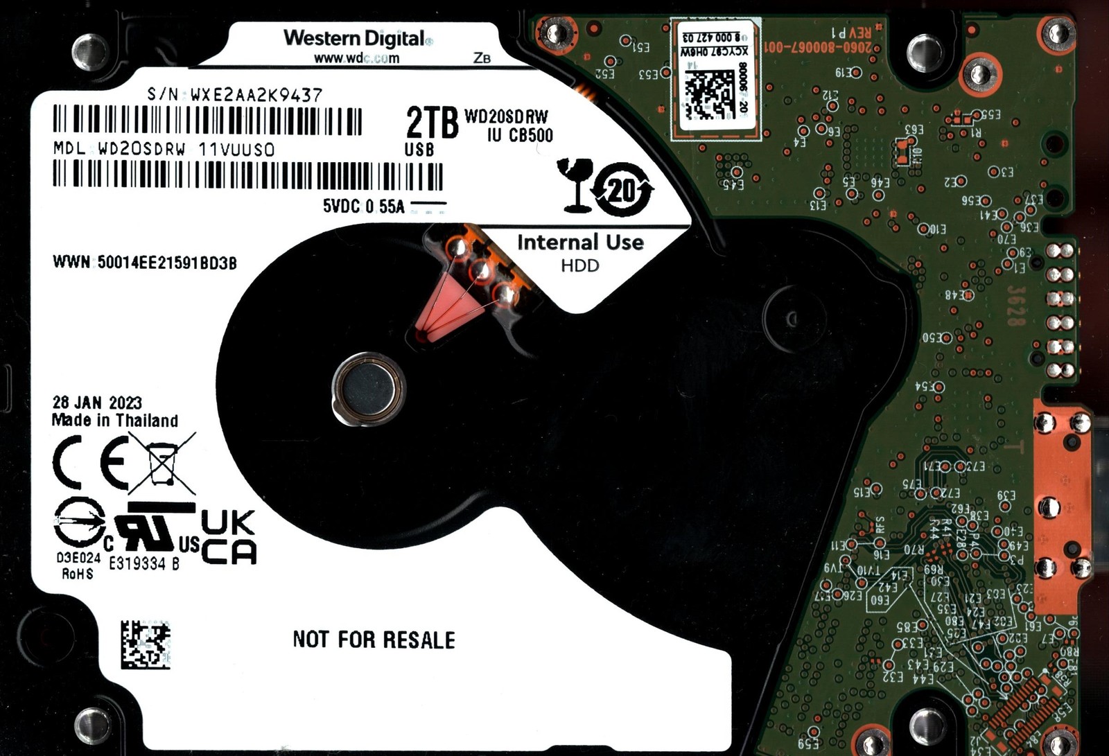 WD20SDRW-11VUUS0 S/N: WXE2A WESTERN DIGITAL 2TB THAILAND JAN 2023
