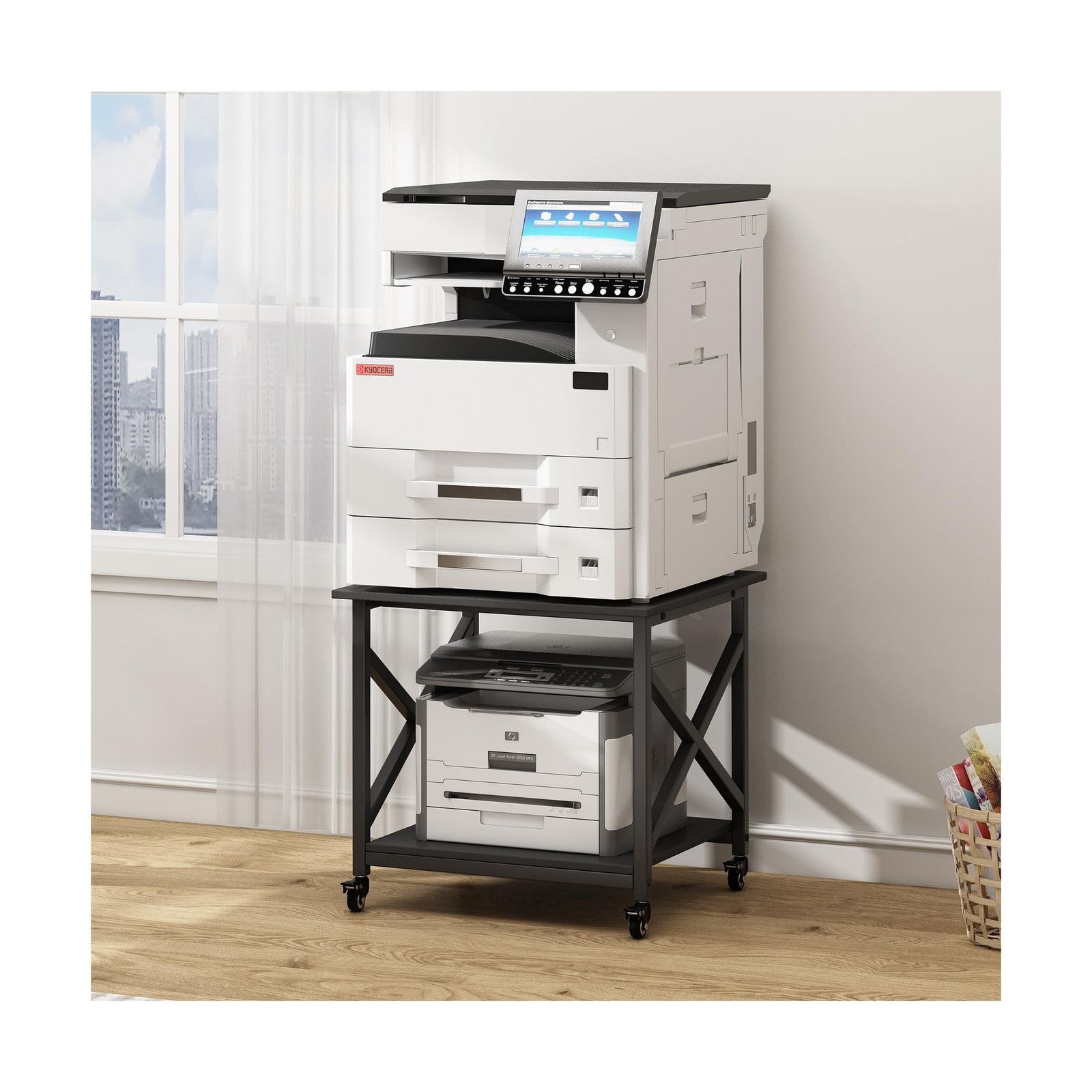 2 Tier Large Printer Stand, 23.6 x 23.6 x 22.6 Inches Square Printer Table wi...