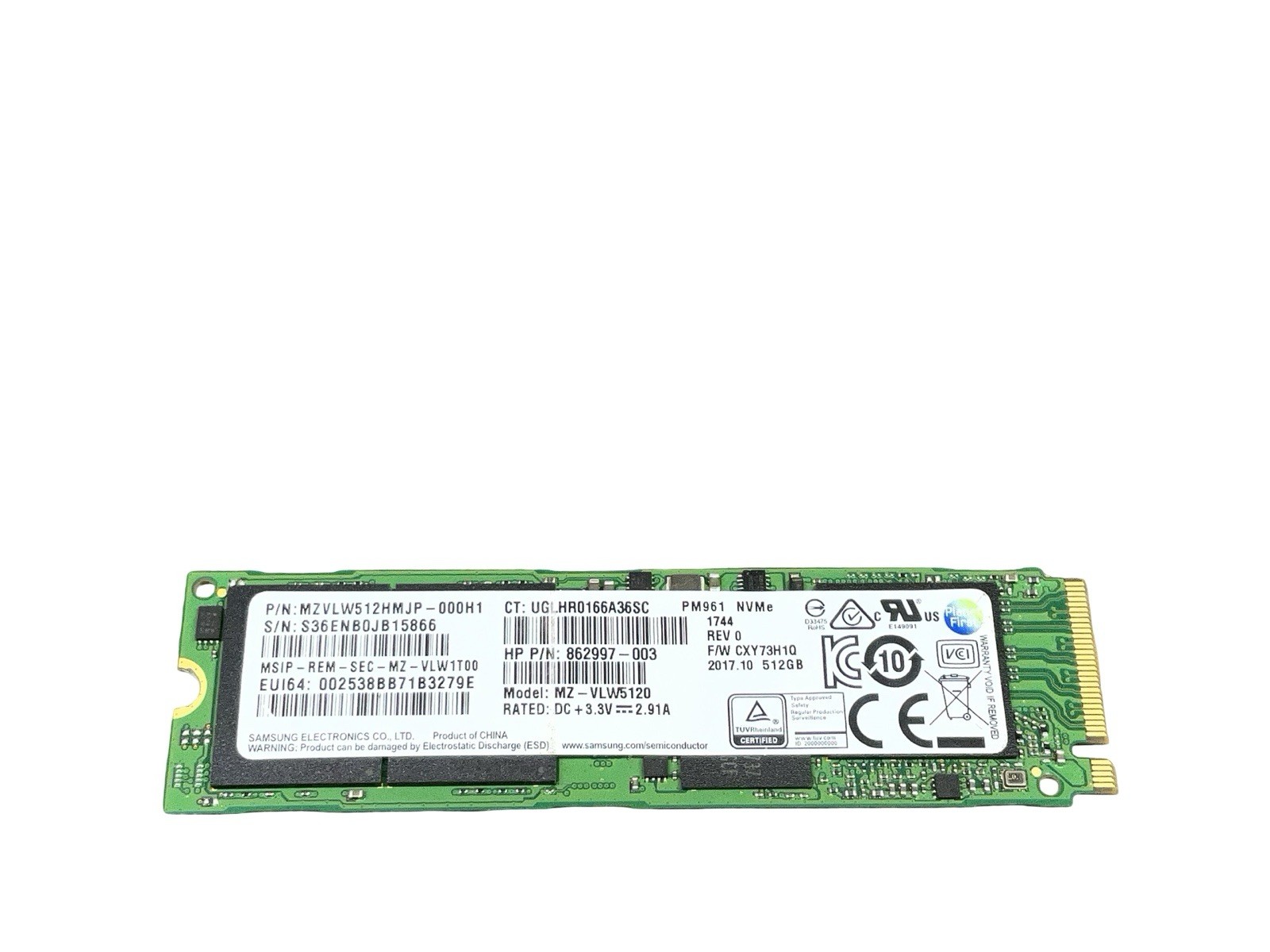 Samsung PM961 512GB NVMe PCIe SSD M.2 2280 MZ-VLW5120 HP 862997-003 GOOD HEALTH