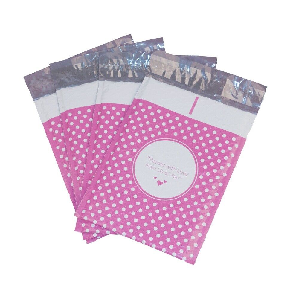 250 #0 CD DVD Extra Wide 6.5x10 (Packed with Love) Pink Dot Poly Bubble Mailers