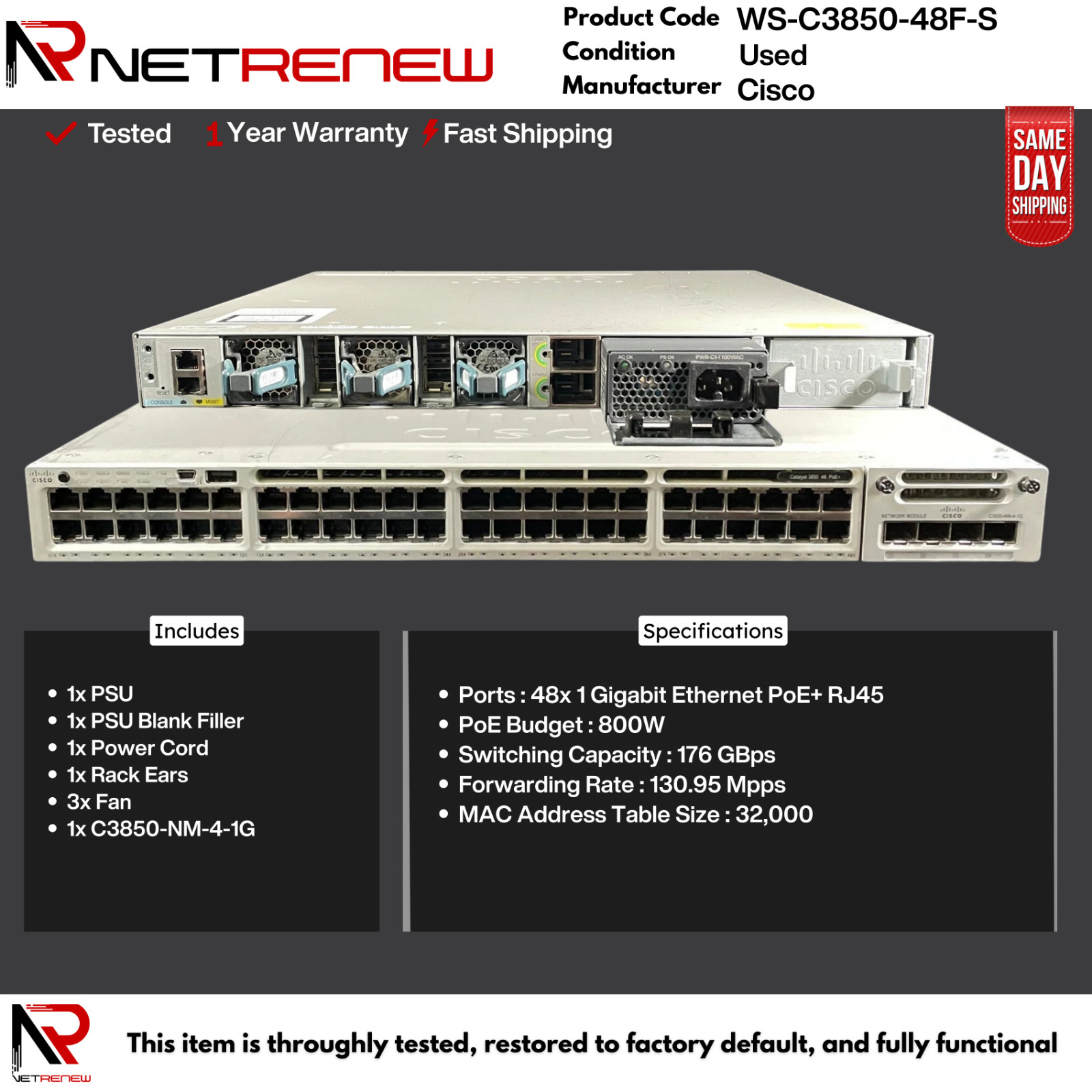 Cisco Catalyst WS-C3850-48F-S 48-Port Full PoE+ Gigabit Switch w/C3850-NM-4-1G