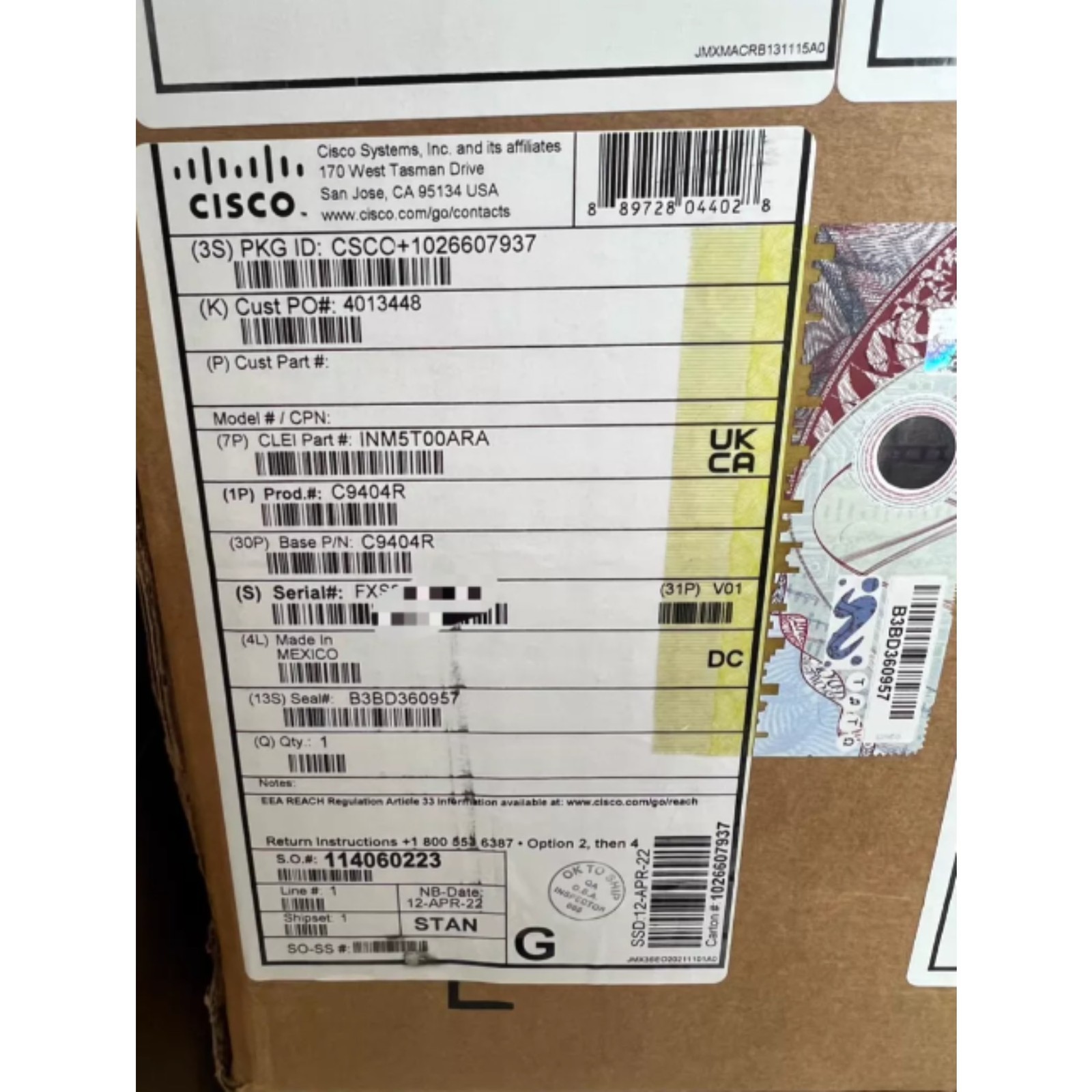 NEW Cisco C9404R= 1xC9400-SUP-1XL. 1XC9400-LC-24XS, 4XC9400-PWR-3200AC  VIP