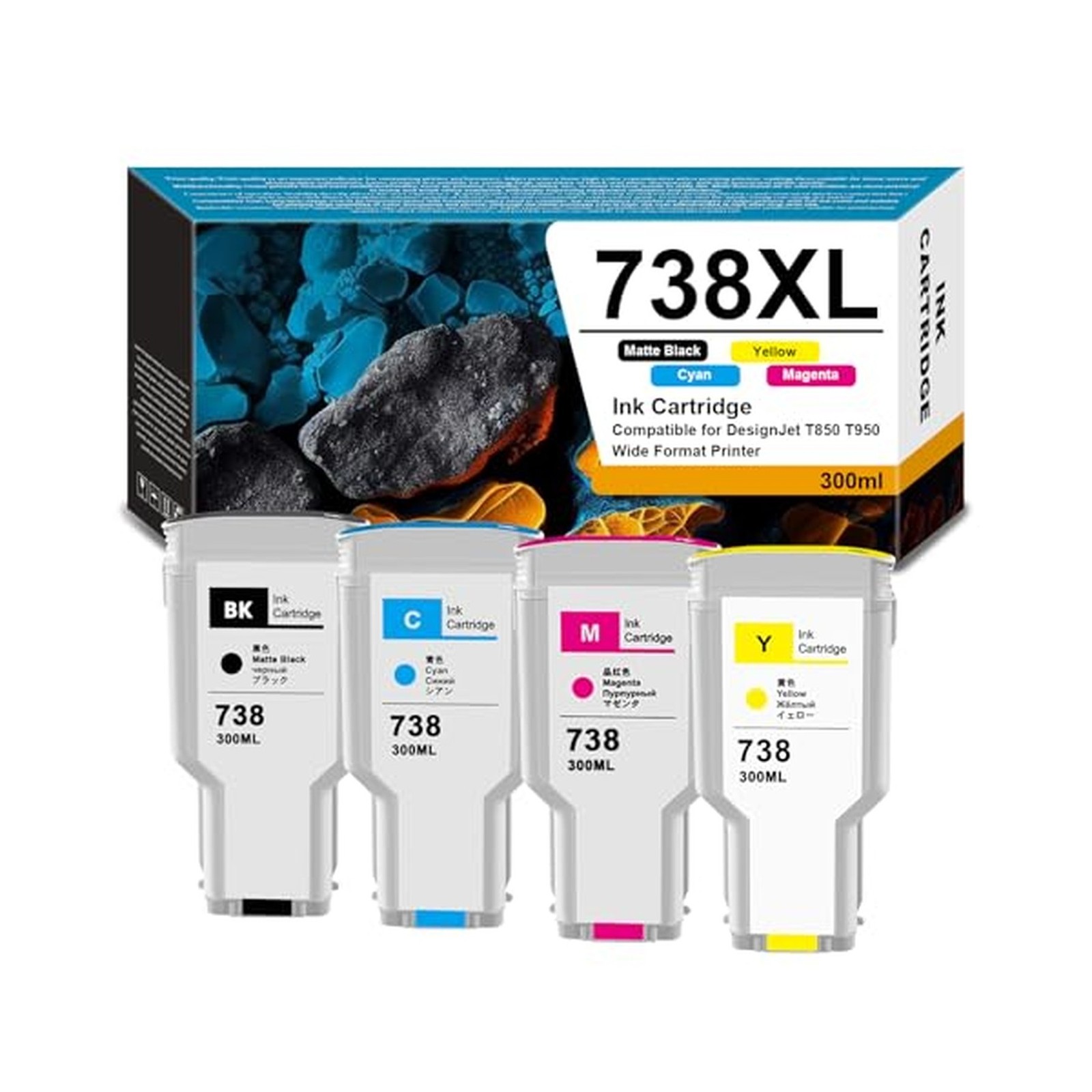 738 738XL Ink Cartridge 300-ml 4-Pack with Chip Replacement for HP 498N8A 676...