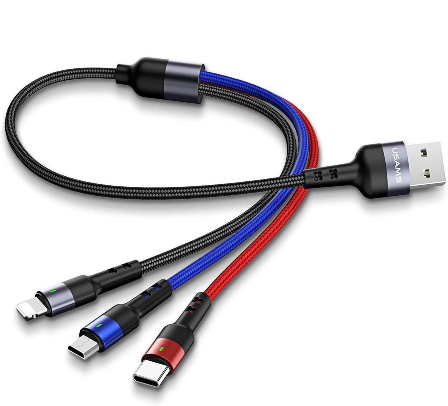 USAMS Multi USB Cable 1ft 2Pack Short 3 in 1 Charging Nylon Braided 1FT 