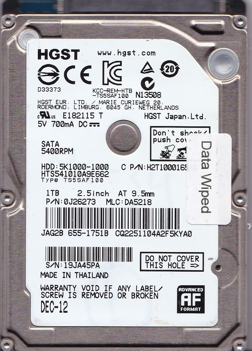HGST/ Genuine HTS541010A9E662 mlc: DA5218 p/n: 0J26273 Thailand 1TB SATA 2012 HD