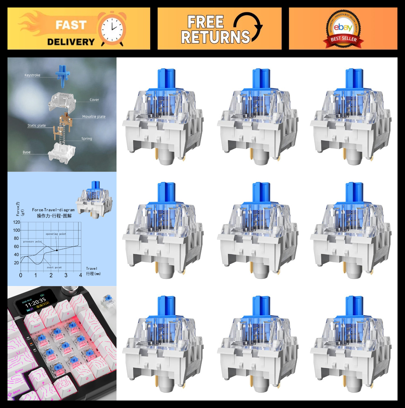 108PCS Blue Mechanical Keyboard Switches - 3 Pin Replacement, Dustproof for Gami