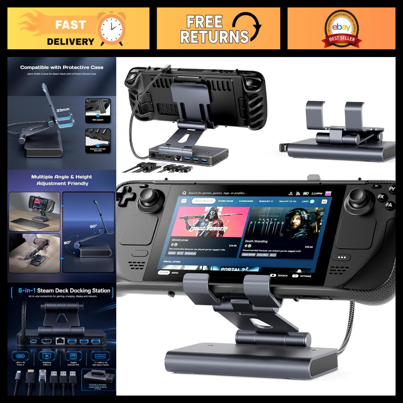 6-in-1 Gaming Docking Station, 4K HDMI, Gigabit Ethernet, USB-A, Fast Charging,