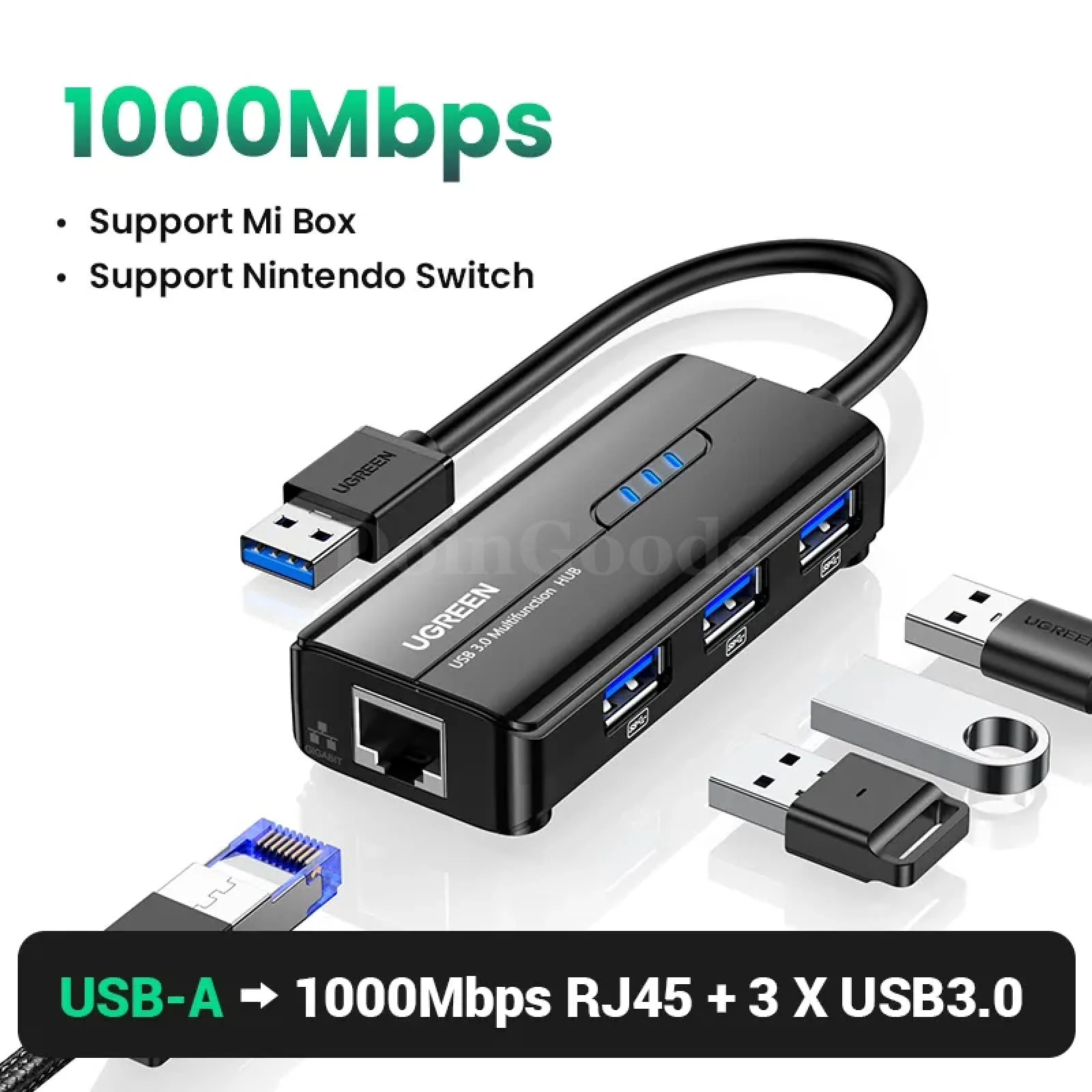 Ugreen USB3.0 Ethernet Adapter 1000Mbps RJ45 USB Hub Laptop Xiaomi Mi Box S/3