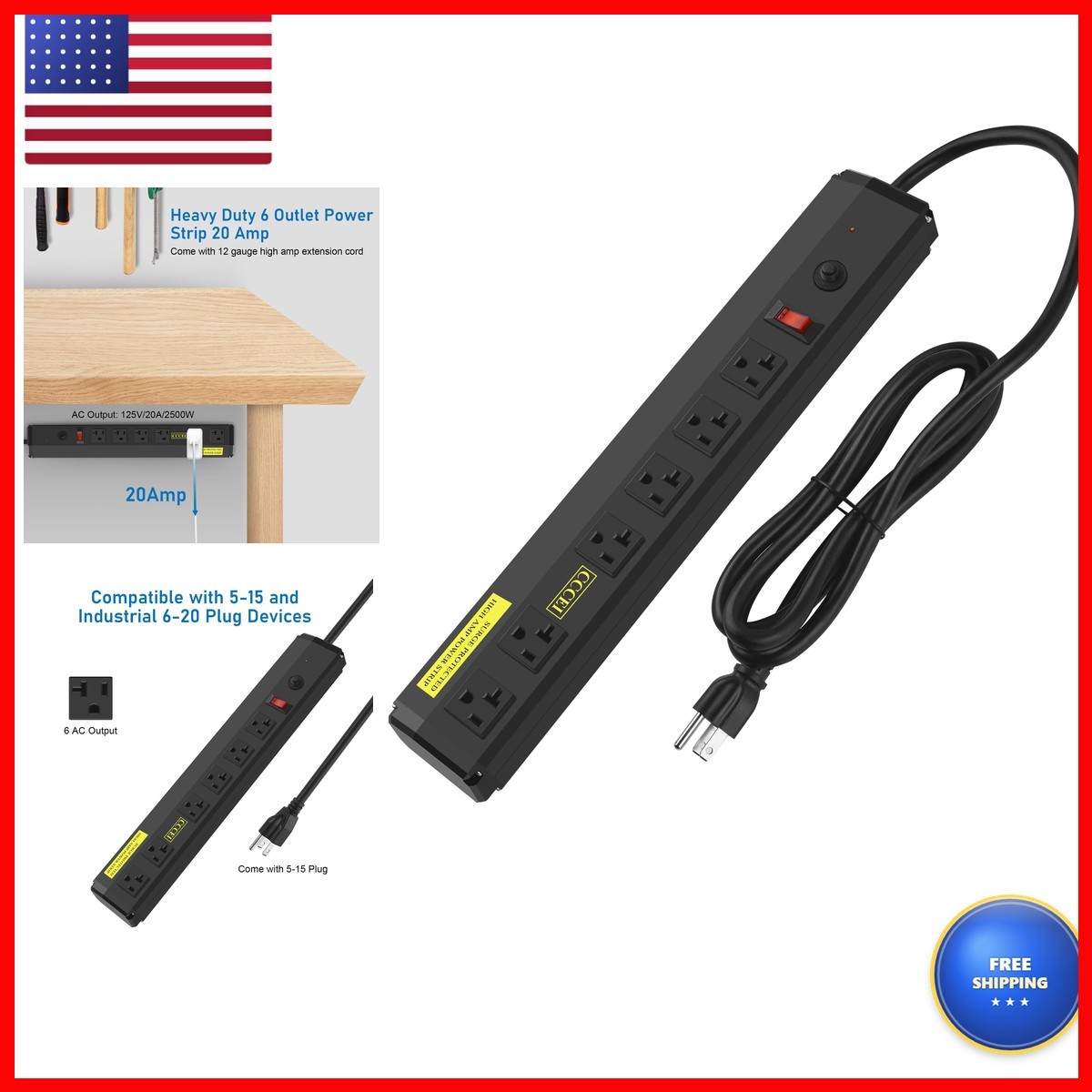 CCCEI CC20A-06-01 20A Power Strip Surge Protector 6 Outlet 6FT 12 Gauge Metal