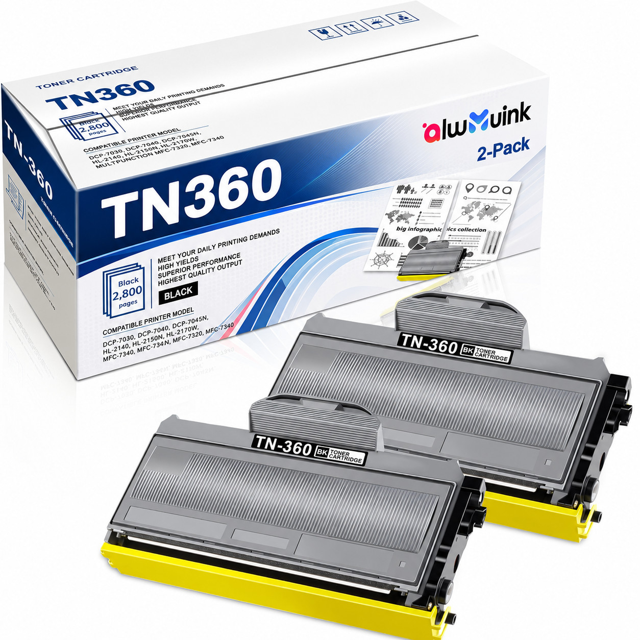 2PK TN360 330 High Yield Toner Cartridge For TN-360 HL-2140 2170W MFC-7340 7840W