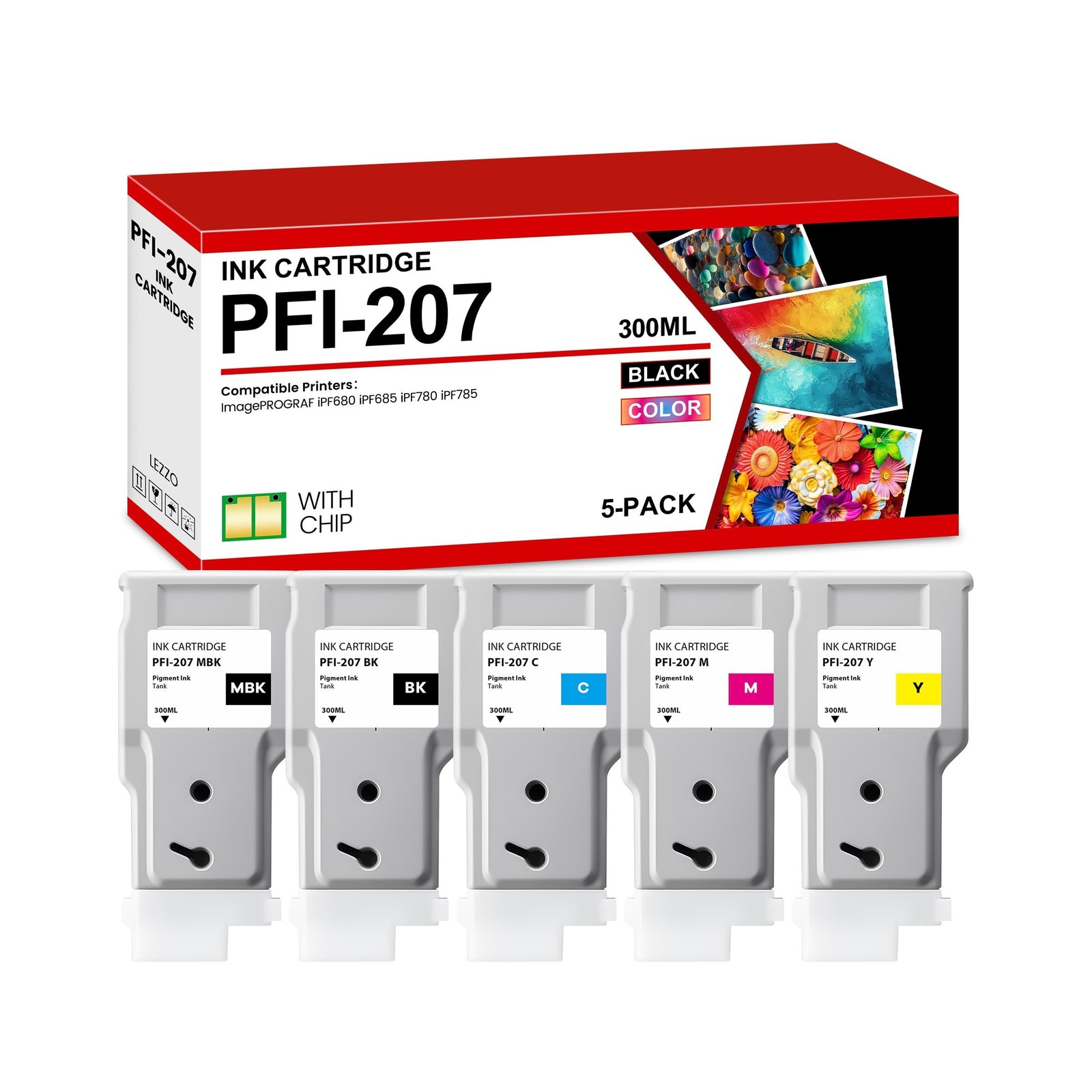 PFI-207 Ink Tank 300ml 5-Pack Replacement for Canon PFI-207MBK PFI-207BK PFI-...