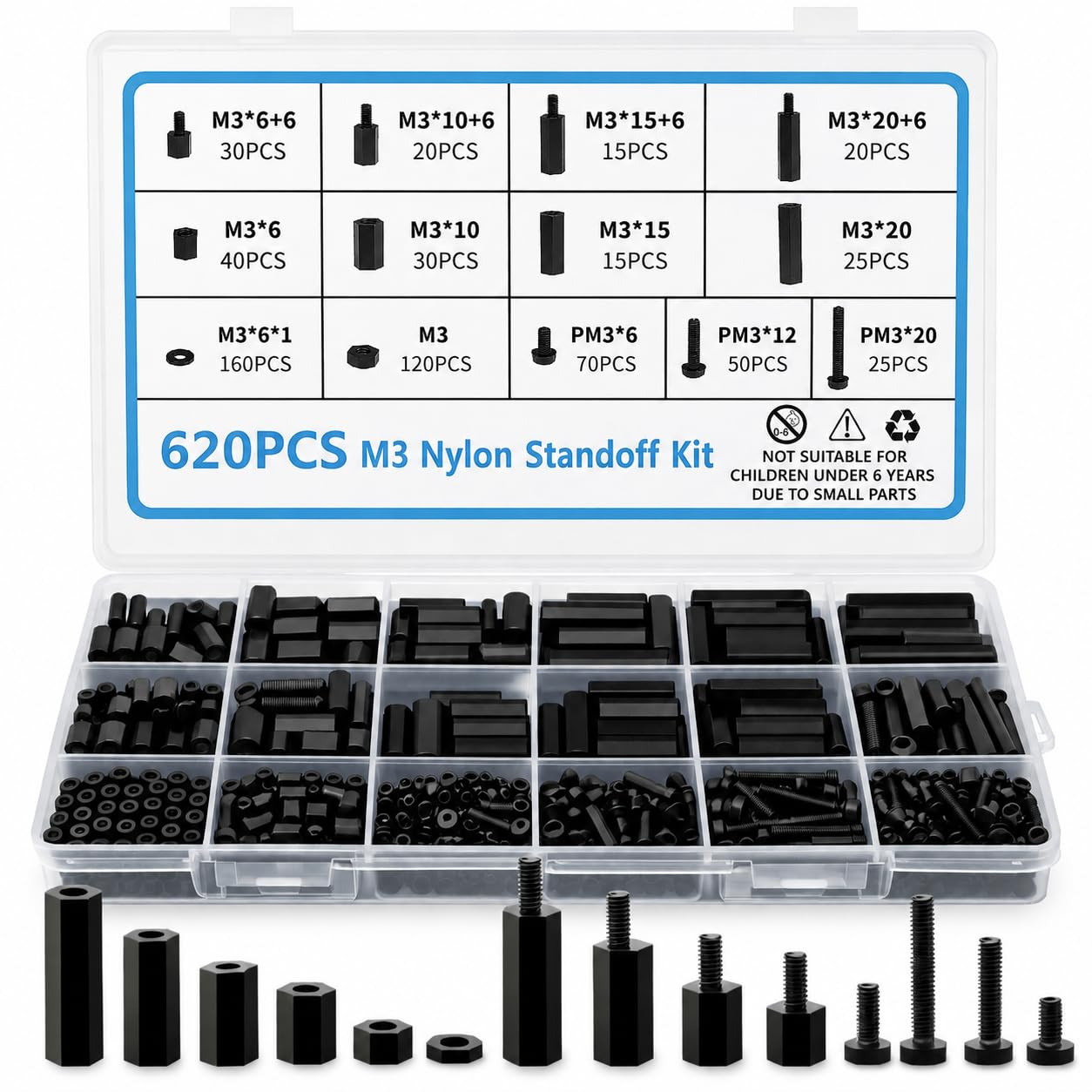 580 PCS M3 Black Nylon Standoff Kit with Spacers, Screws, and Nuts