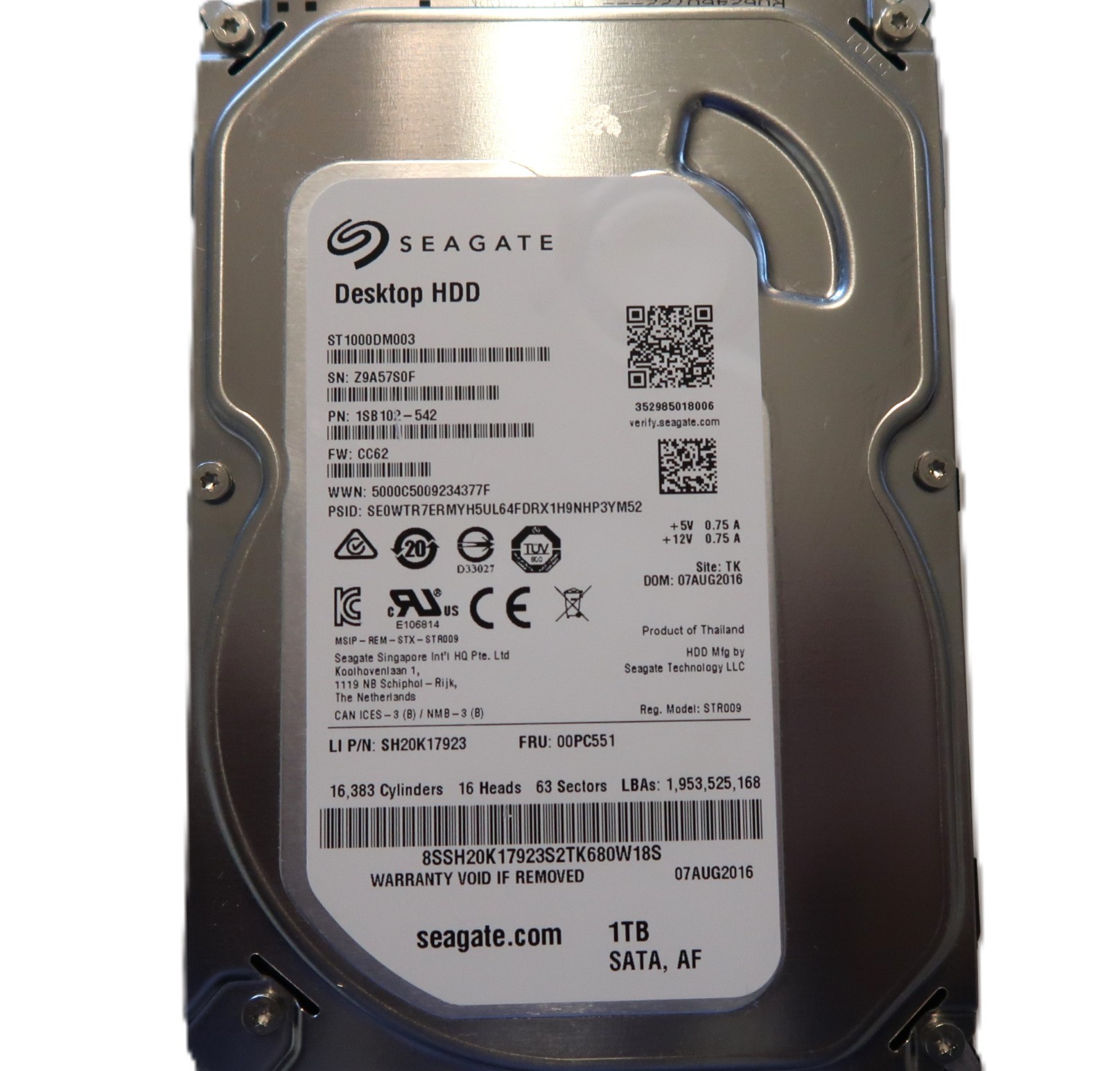 Seagate ST1000DM003 1SB102-542 CC62 (Z9A5) TK Thailand 1TB 3.5" Sata HDD 08/2016