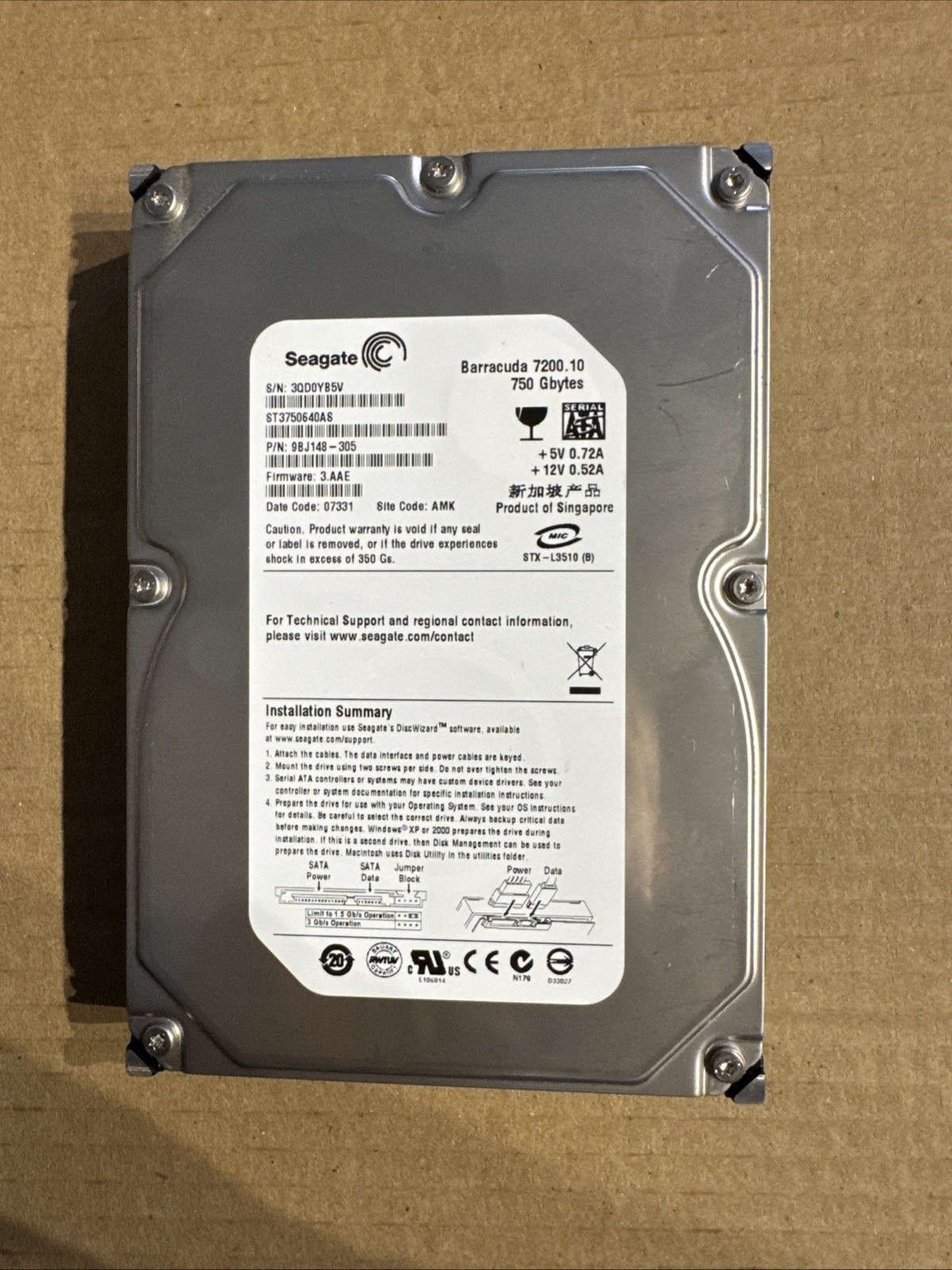 Seagate ST3750640AS 750GB SATA 3.5" TESTED GOOD HEALTH
