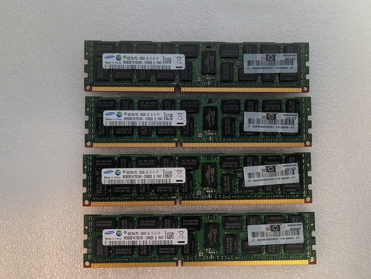 32GB (8GBx4) HP Samsung 2Rx4 PC3-10600R M393B1K70CH0 CH9Q5 HP 500205-071 ECC RAM