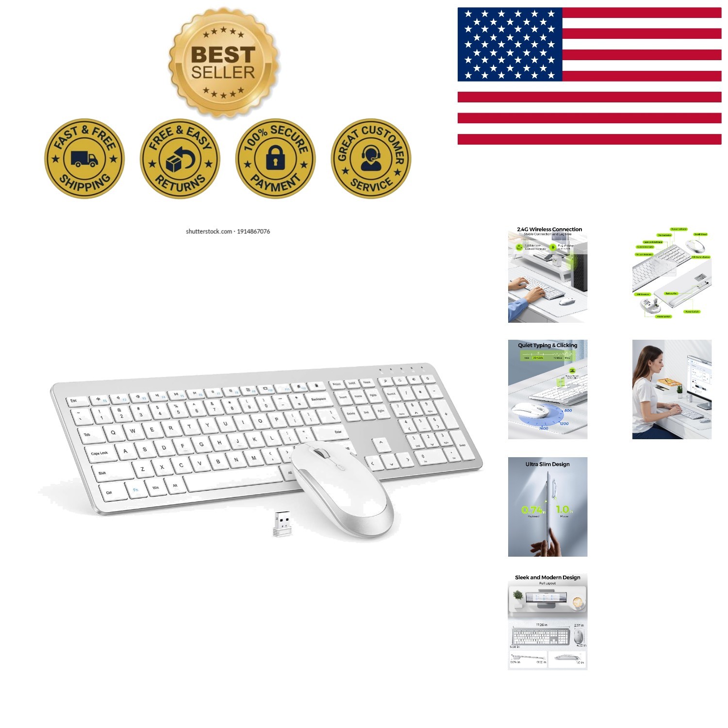 Full Size Wireless Keyboard and Mouse Set - Quiet, Slim Design for Home & Office