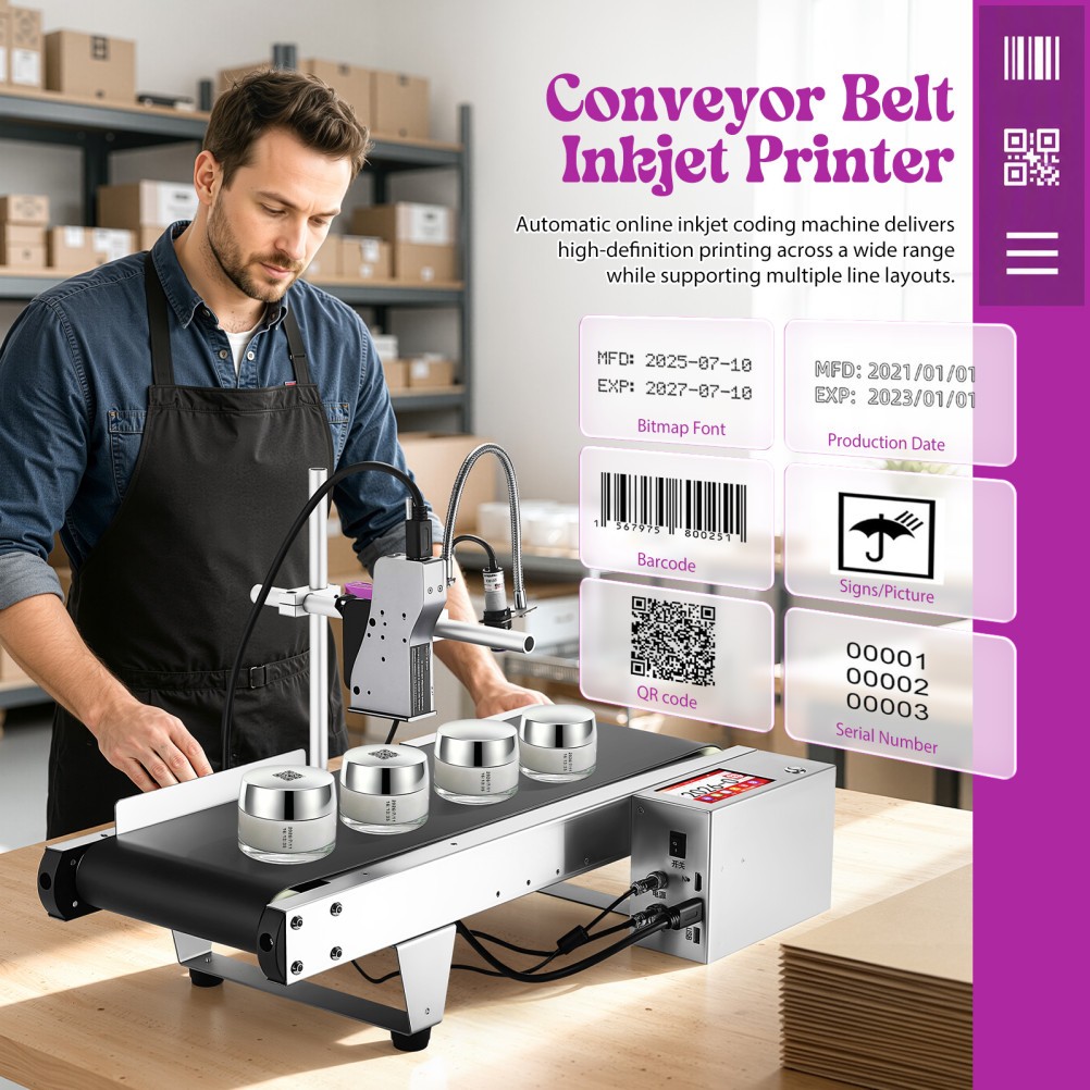 Automatic Online Inkjet Coding Machine w/ Mini Conveyor Belt Batch Code Printer