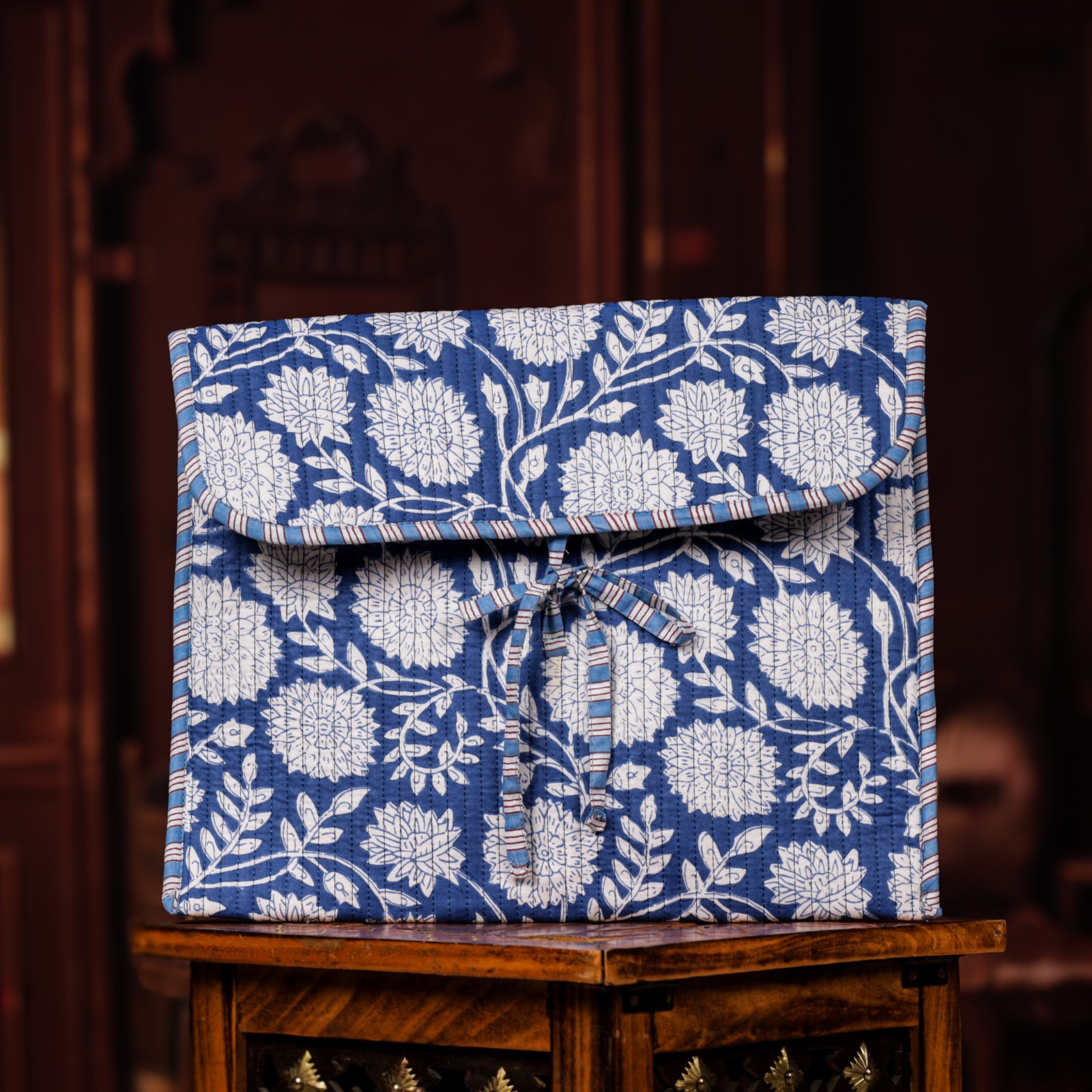 Blue Floral Quilted Laptop Sleeve Handmade Cotton Laptop Boho Office Bag