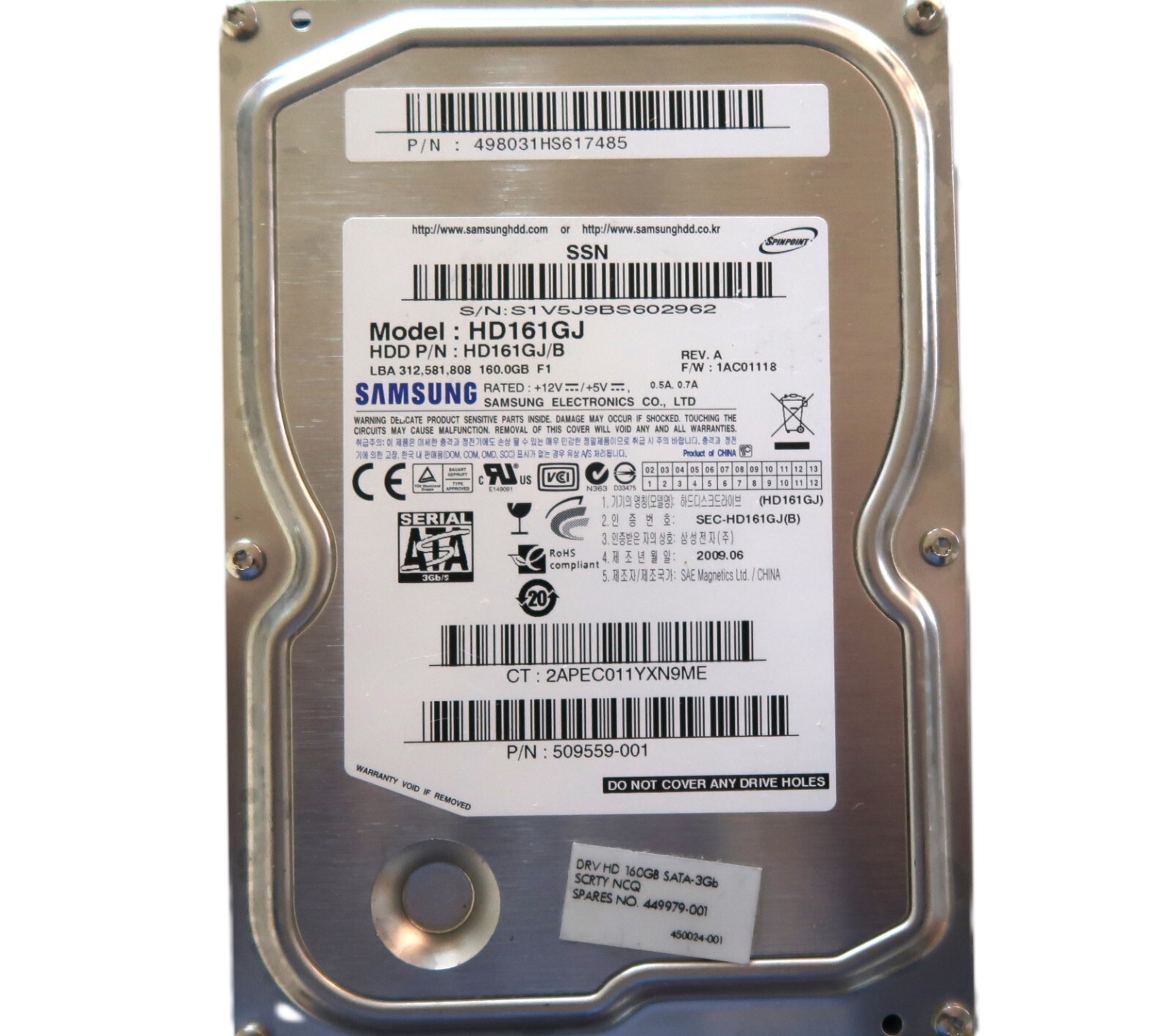 Samsung HD161GJ (HD161GJ/B) 1AC01118 RevA (S1V5) SSN 160gb 509559-001 2009.06