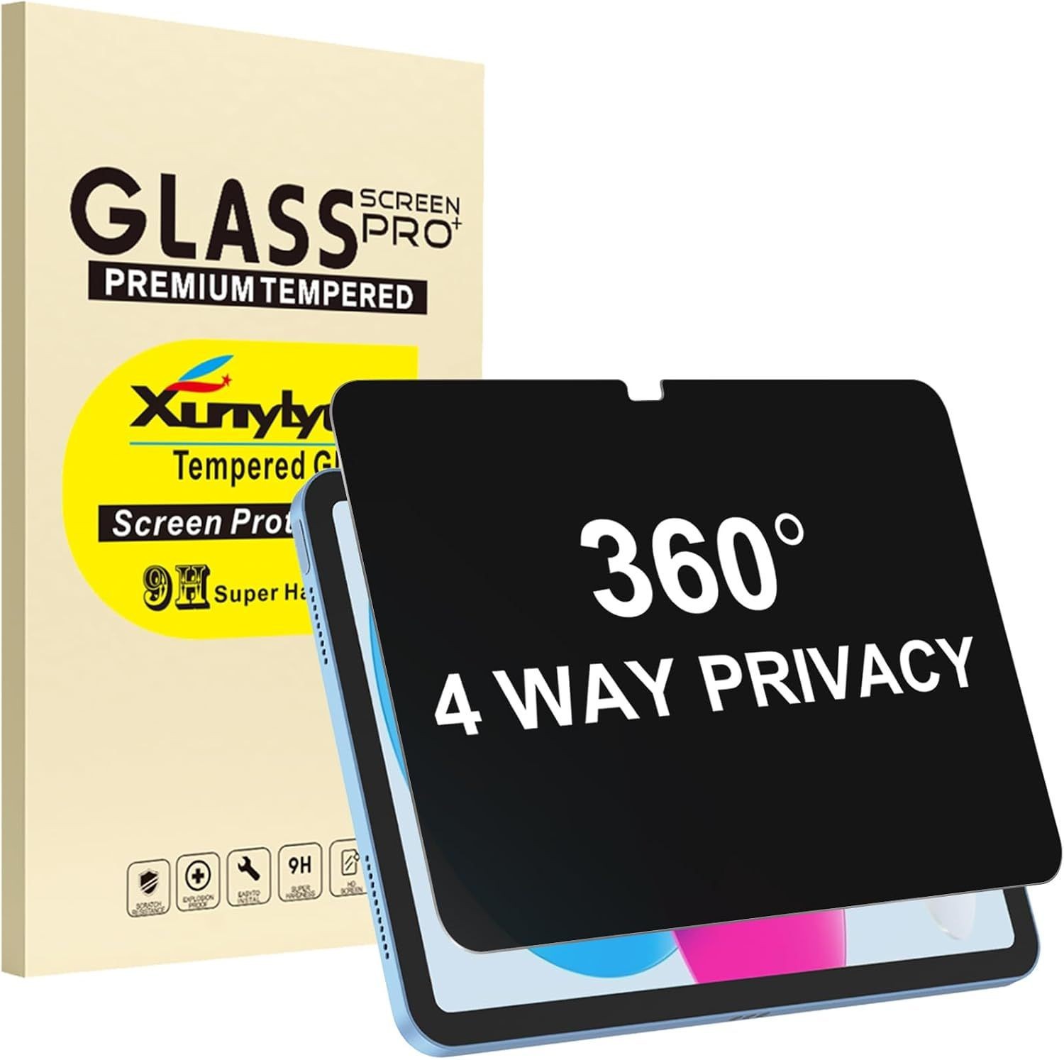4 Way Privacy Screen Protector 360° for iPad A16, Anti-Spy Tempered Glass Film