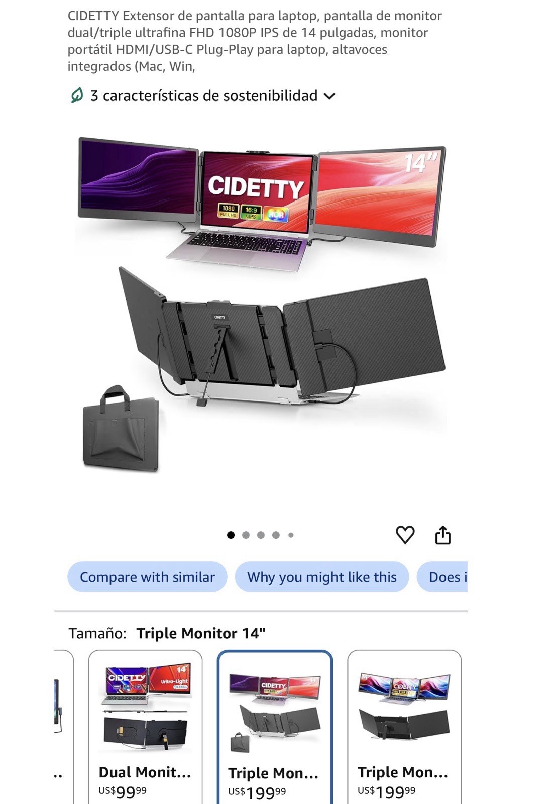 CIDETTY 14in Triple Laptop Screen Extender FHD 1080P IPS HDMI USB-C Black