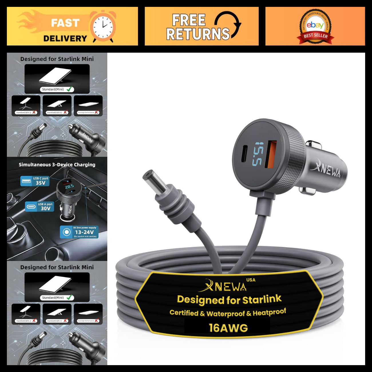 3M/10FT Mini Car Adapter for Starlink, 3-in-1 Power Cable, Fast Charging