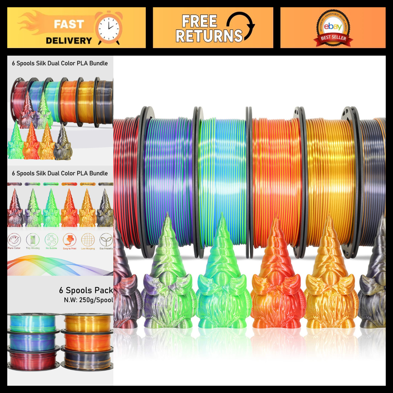 6 Spools Dual Color 1.75mm 3D Printer Filament Bundle - Silk PLA for 3D Printing