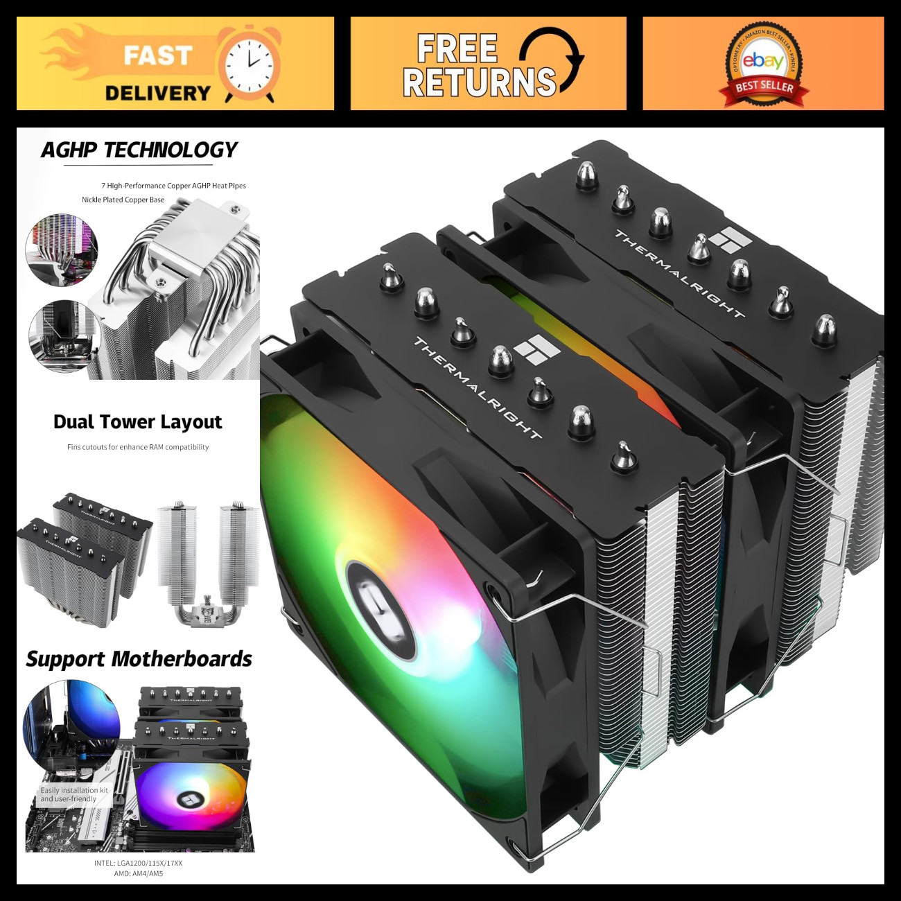 High-Performance ARGB CPU Air Cooler, 7 Heat Pipes, Dual 120mm Fans, AMD/Intel C
