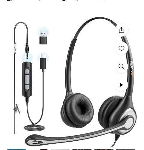 Wantek Black Silver Wired Headset Ear-Pad Headband Boom Microphone 3.5mm Jack