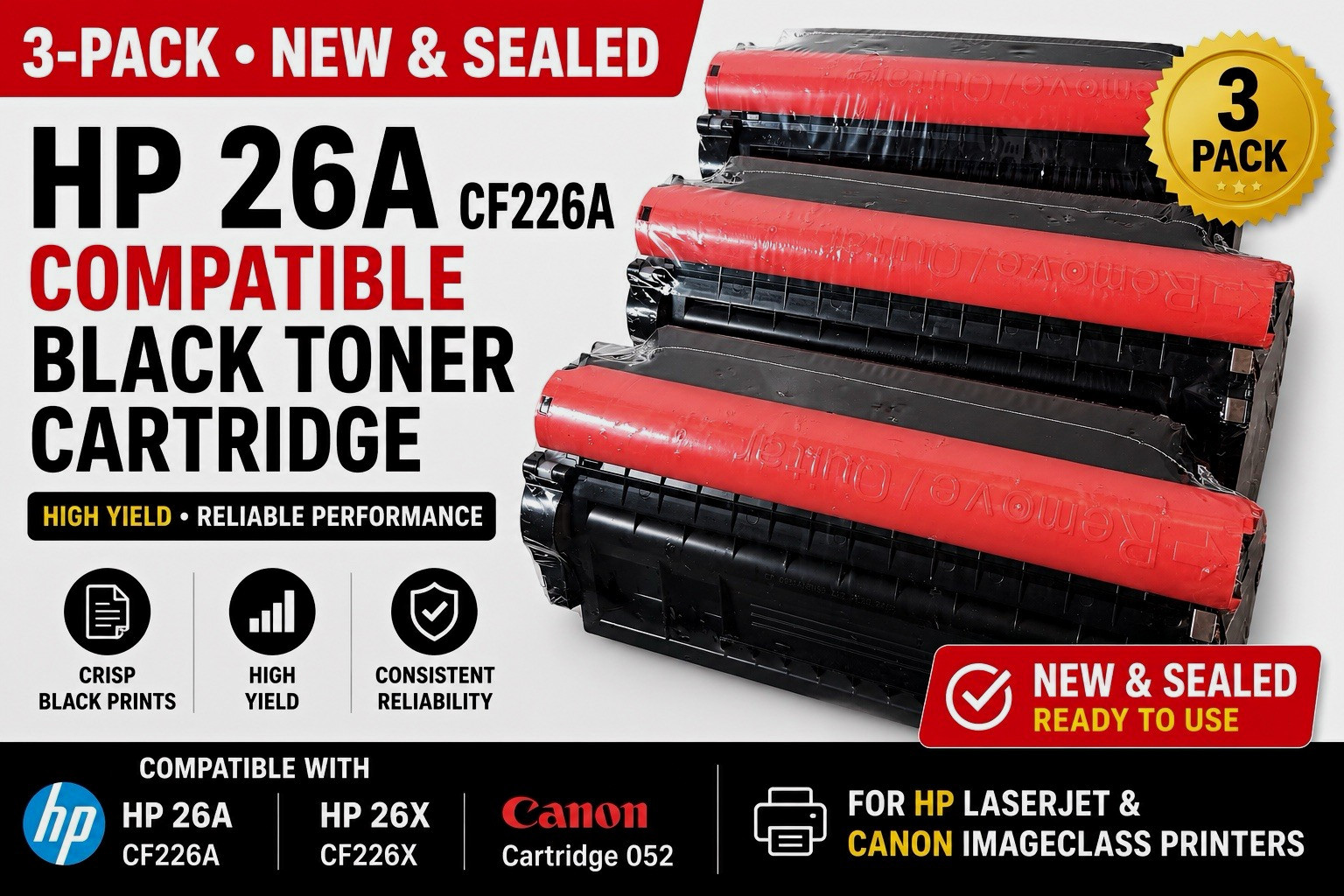 Save $100+ 3-Pack HP 26A CF226A CF226X Canon 052 Compatible Toner New