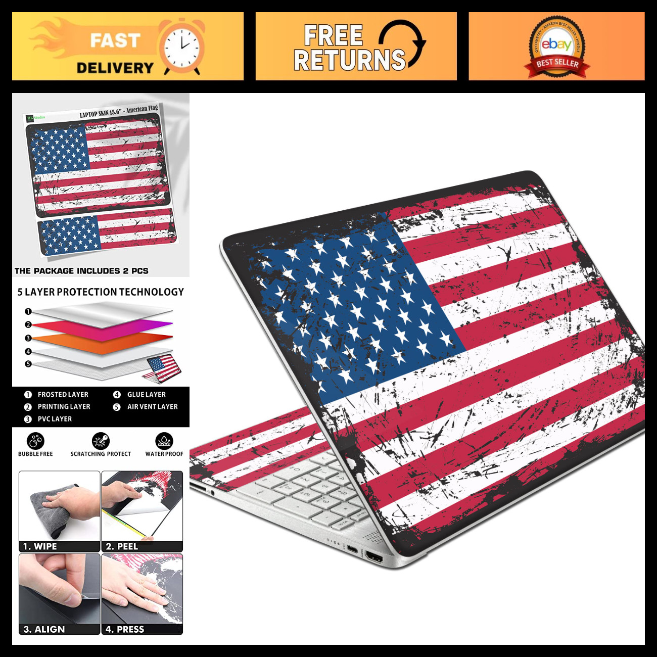 American Flag Laptop Skin Decal for 15.6" HP - No Cutting, Waterproof, Scratch R