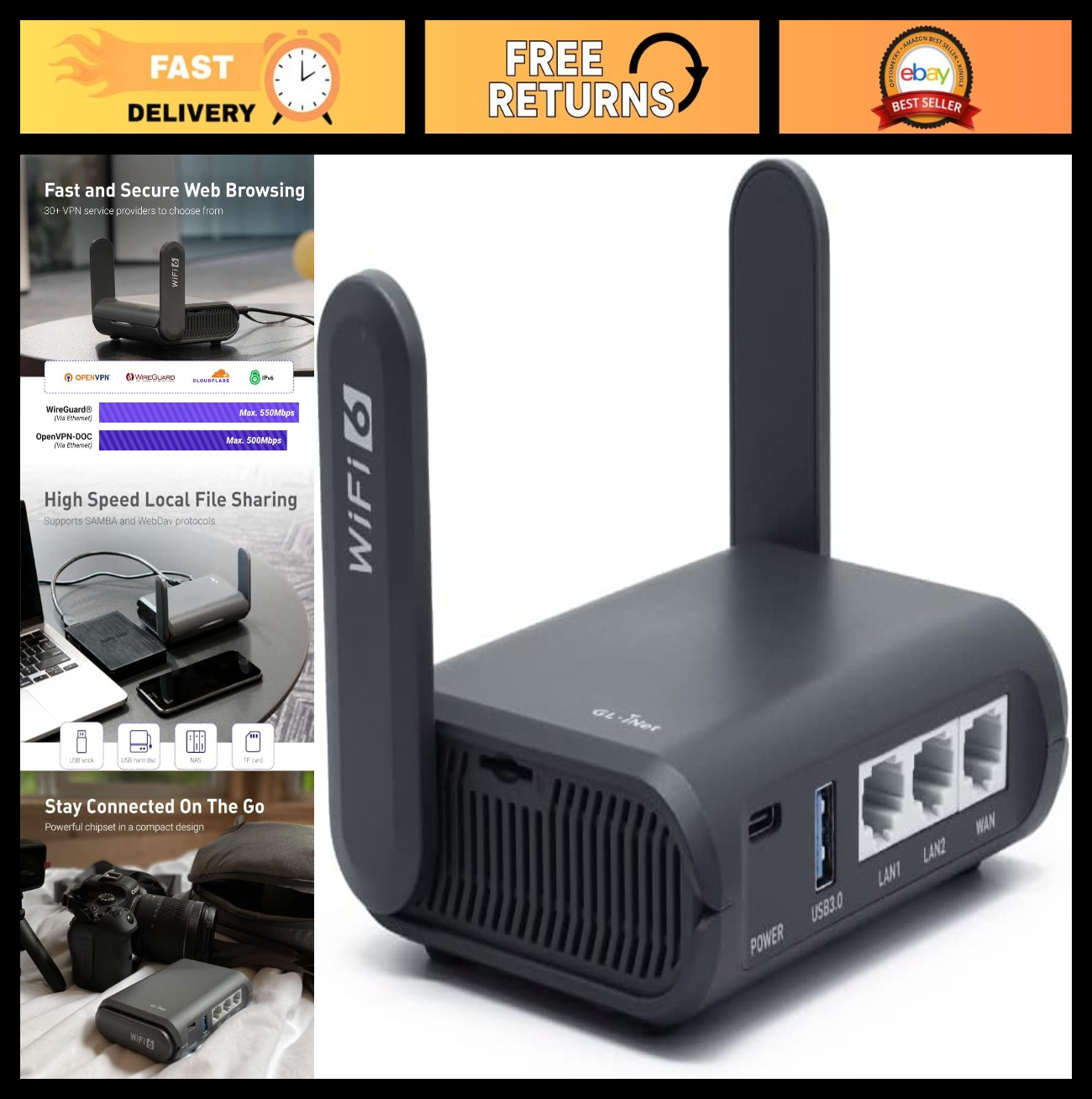 Portable Wi-Fi 6 Travel Router, VPN Pocket Internet Router for RV, Cruise, Plane