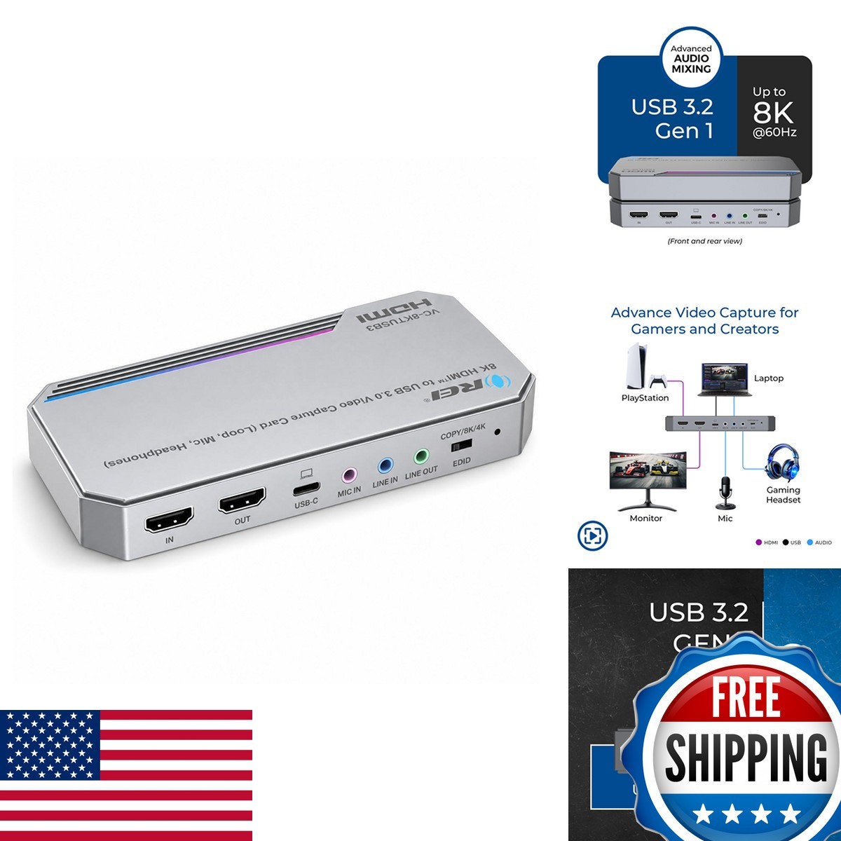 OREI 4K Capture Card USB 3.0 Loop-Out HDR for Streaming