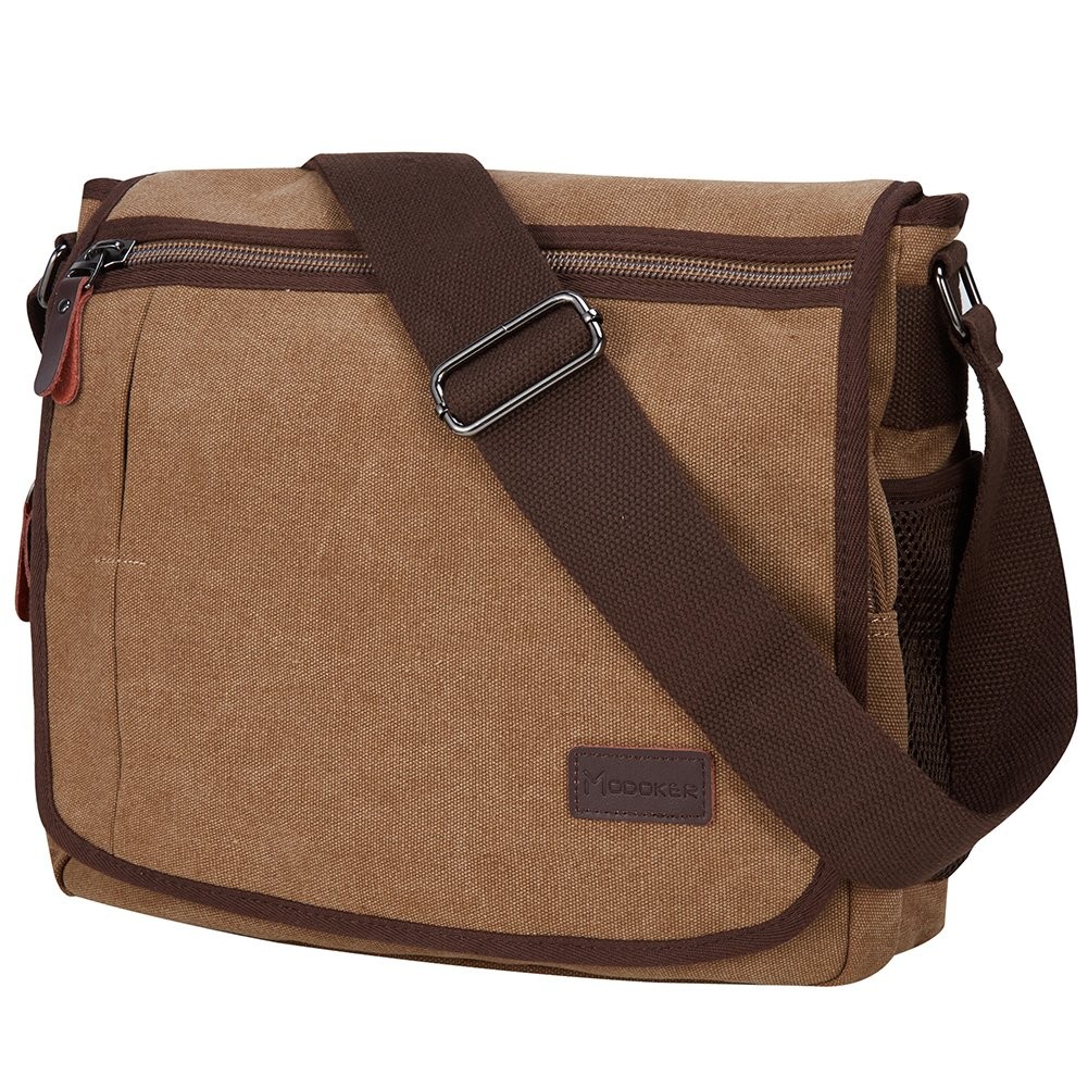 Canvas Messenger Bag with Bottle Pocket, Satchel Bag Fits 13 Inch Laptop