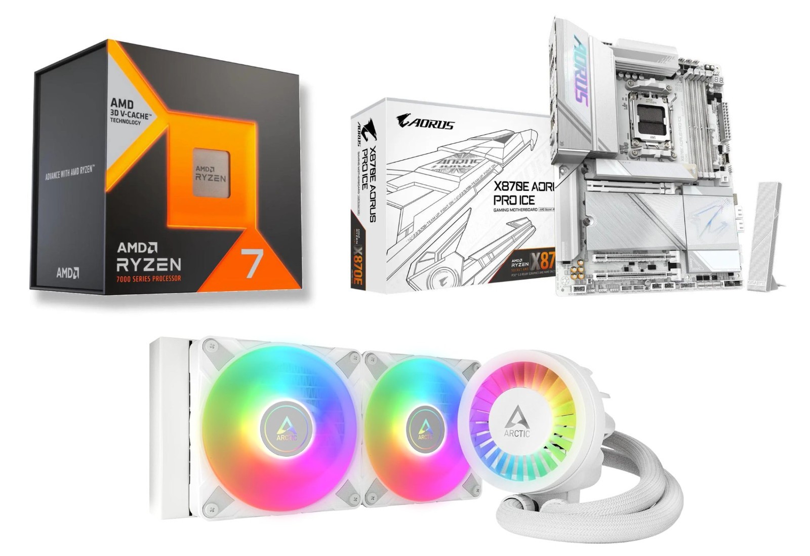 Ryzen 7 7700X3D CPU, Gigabyte X870E Aorus Pro Ice Wifi, Arctic AIO White Bundle