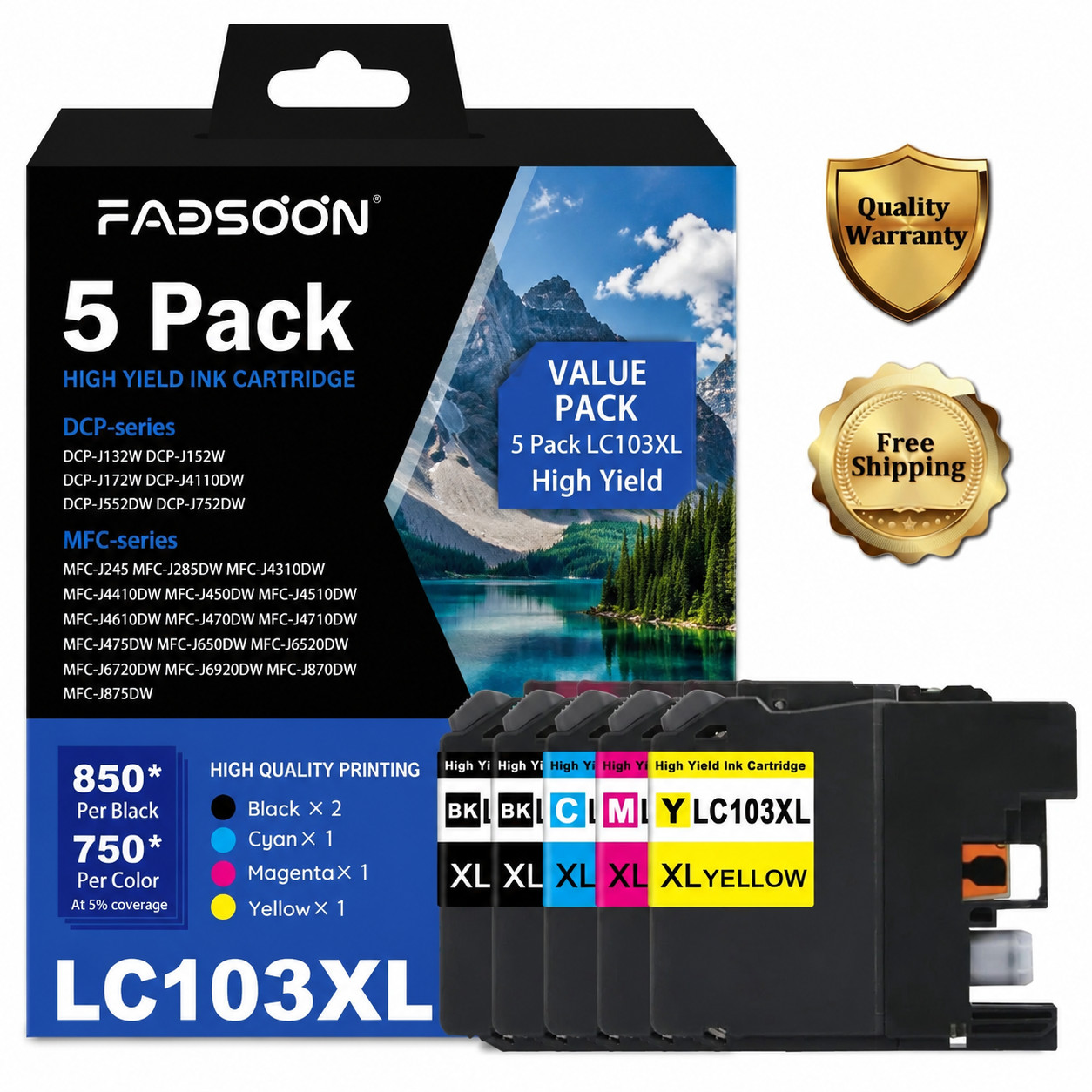 LC103XL 5PK 4 Color 2 Black Ink DCP-J152W MFC-J285DW MFC-J450DW MFC-J470DW 650DW