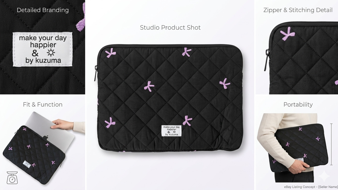 Kuzuma Quilted Laptop Sleeve Case 13 14 Inch Cute Pink Bow Embroidery Mac Book