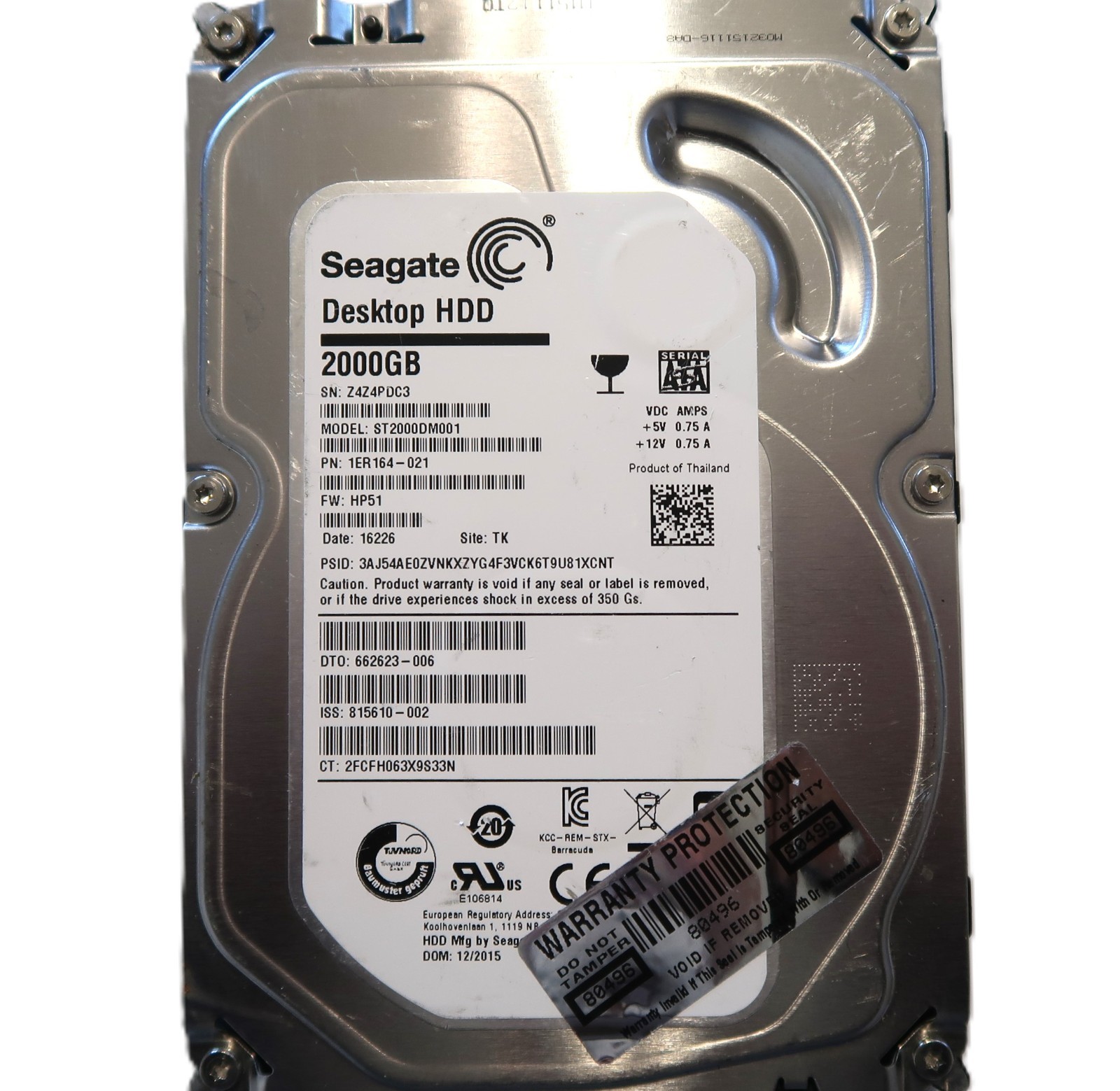 Seagate ST2000DM001 1ER164-021 HP51 (Z4Z4) TK Thailand 3.5" 2TB Sata HDD 12/2015